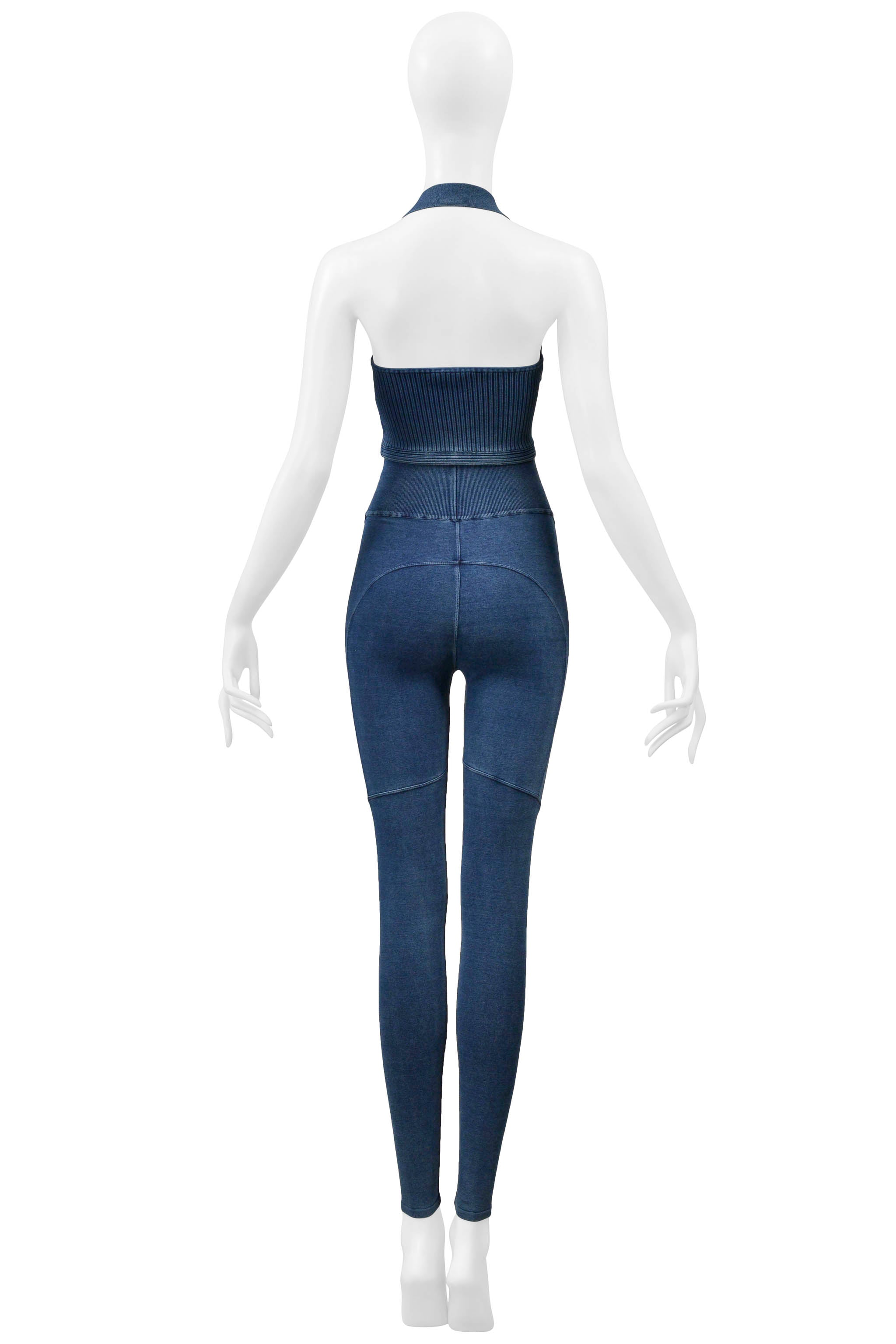 ALAIA DENIM BLUE VINTAGE WASH KNIT BRA TOP AND LEGGINGS