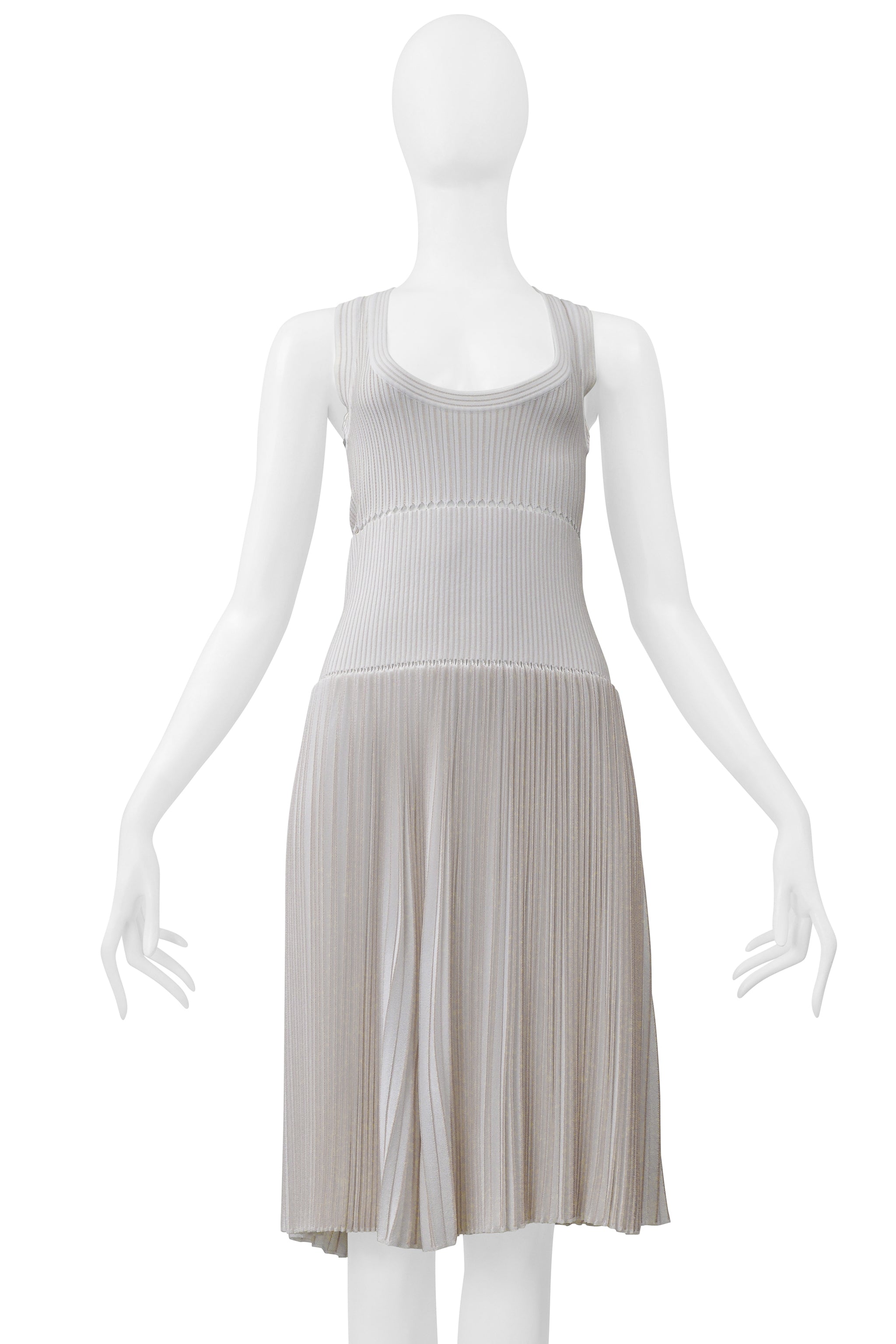 ALAIA WHITE LASER CUT PLEATED KNIT DRESS