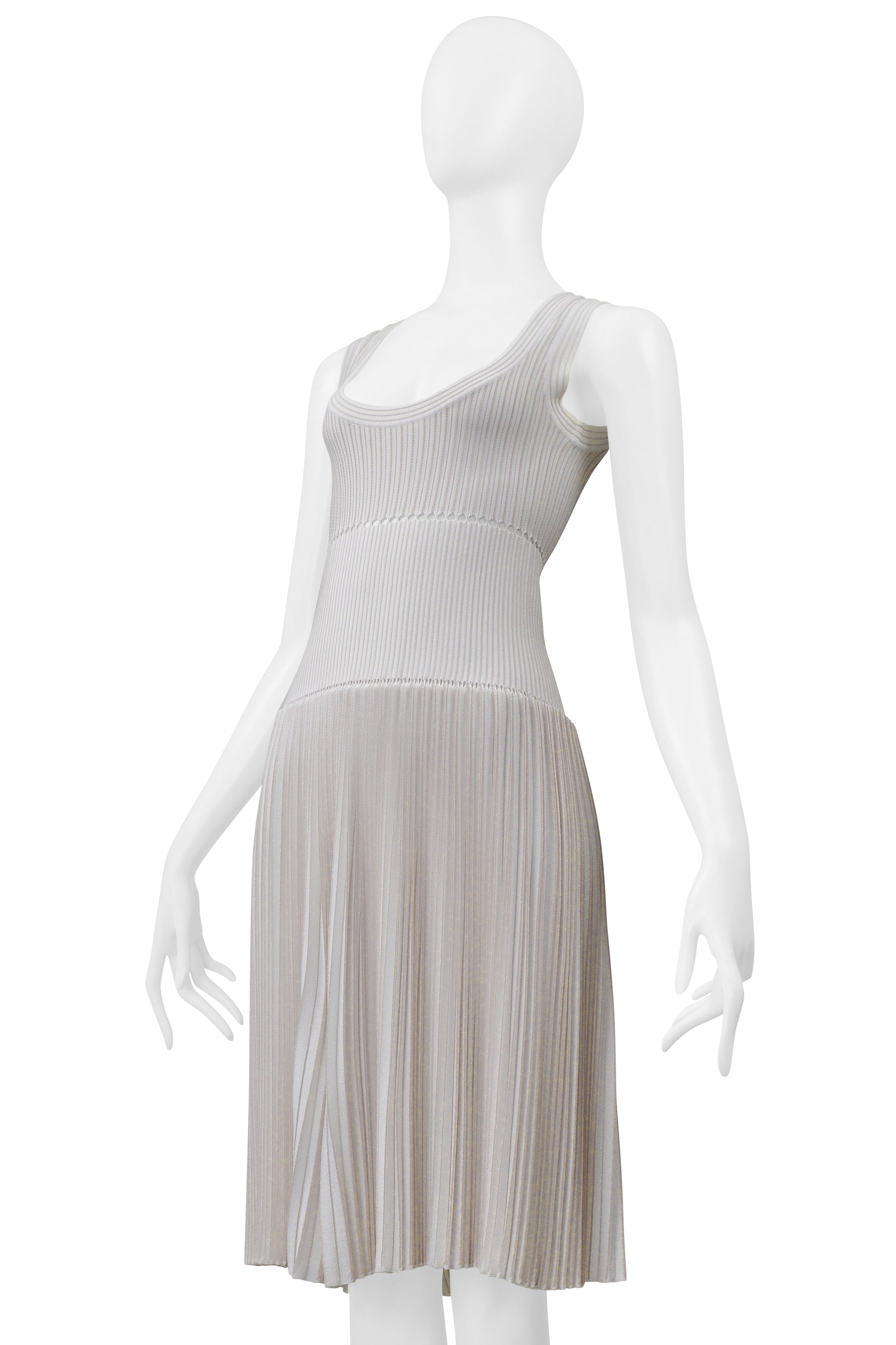 ALAIA WHITE LASER CUT PLEATED KNIT DRESS