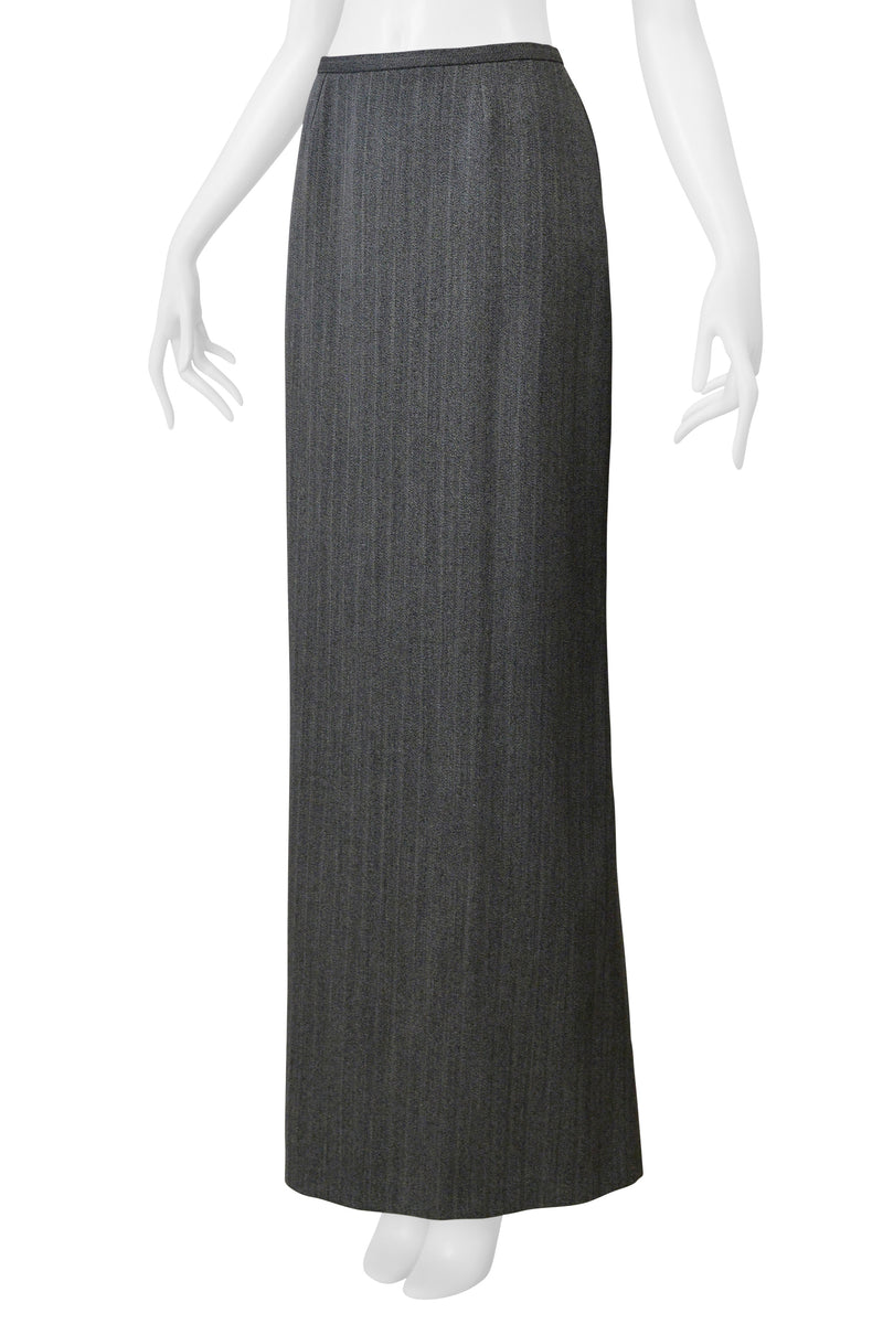 ALAIA WOOL GREY PINSTRIPE LONG SKIRT