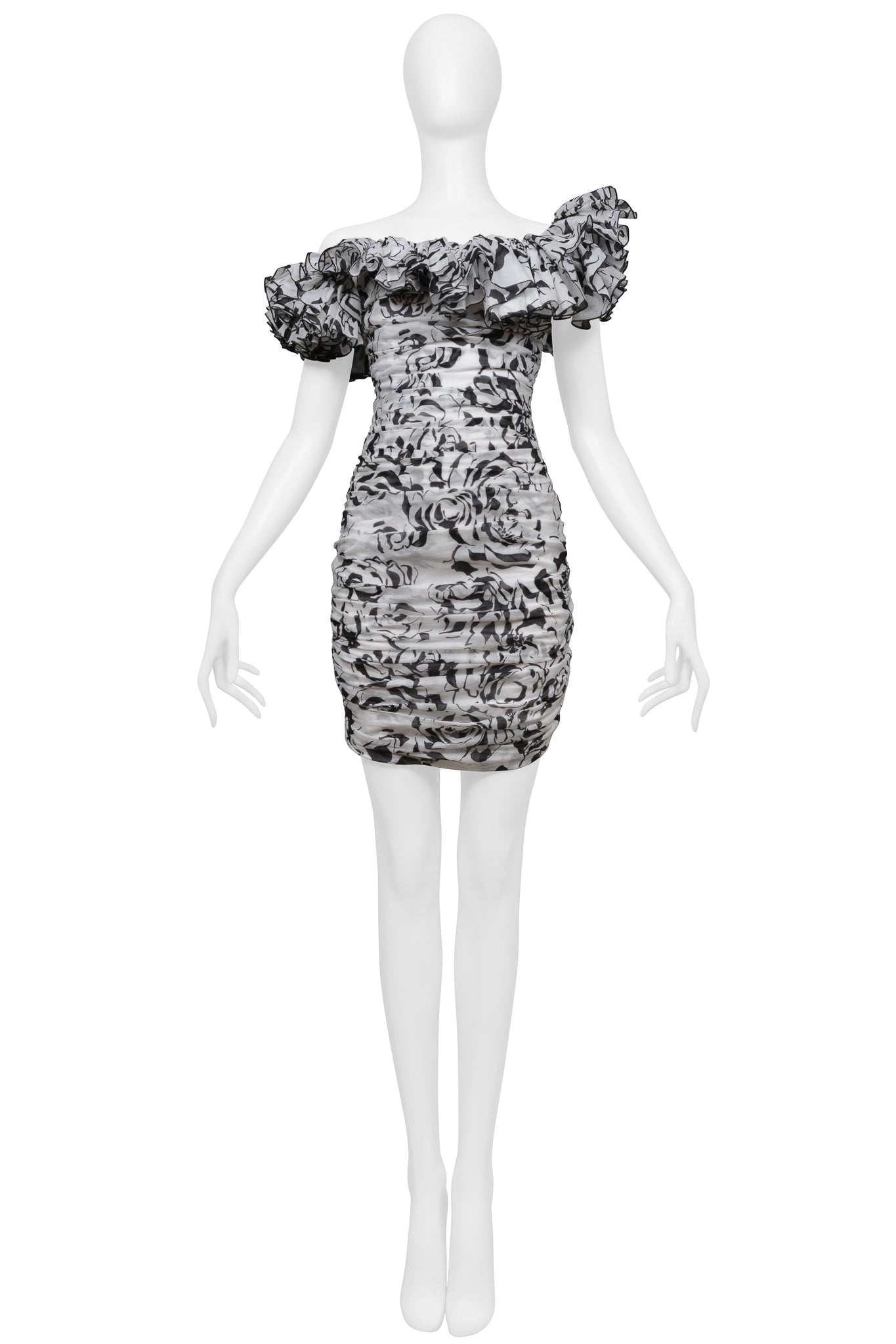 ALEXANDRE VAUTHIER WHITE AND BLACK PARTY DRESS WITH RUFFLE NECKLINE