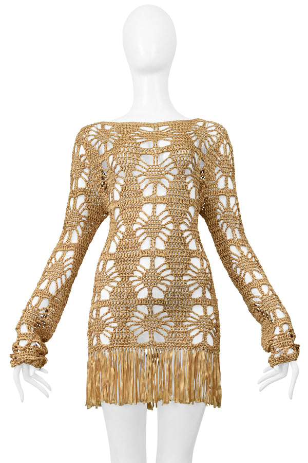 ANNA MOLINARI GOLD RIBBON MINI DRESS WITH FRINGE