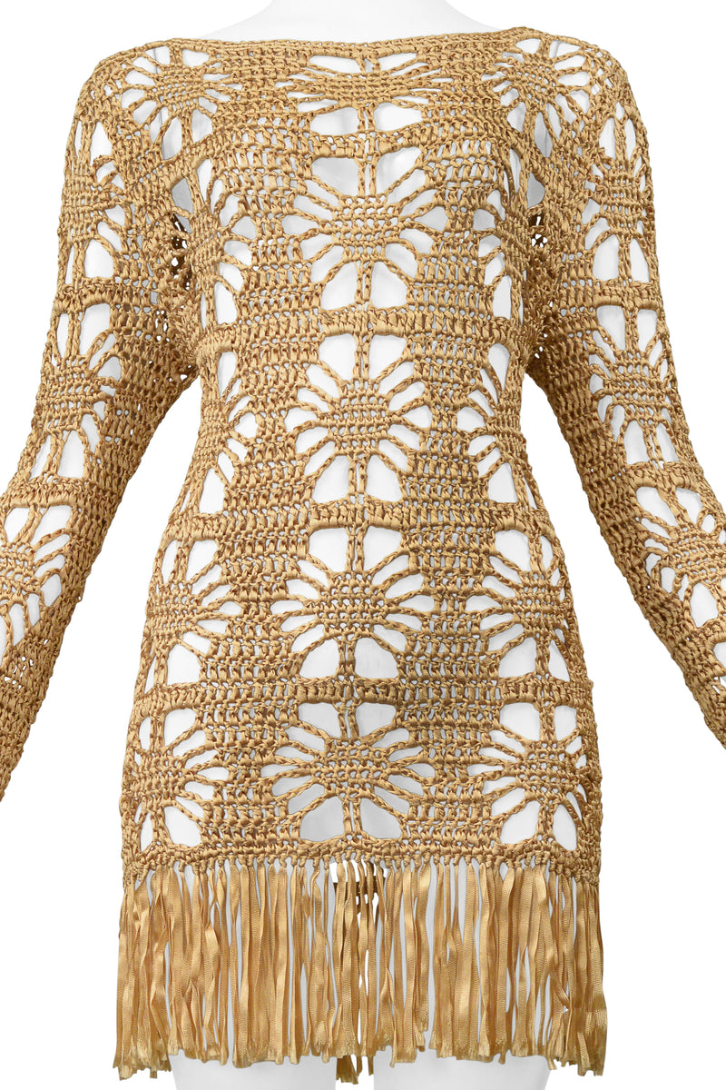 ANNA MOLINARI GOLD RIBBON MINI DRESS WITH FRINGE