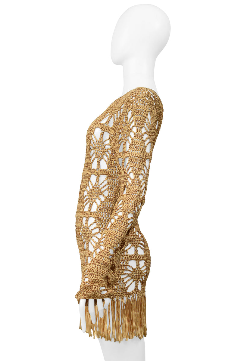 ANNA MOLINARI GOLD RIBBON MINI DRESS WITH FRINGE