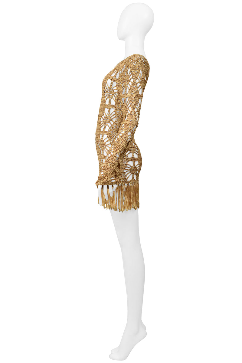 ANNA MOLINARI GOLD RIBBON MINI DRESS WITH FRINGE