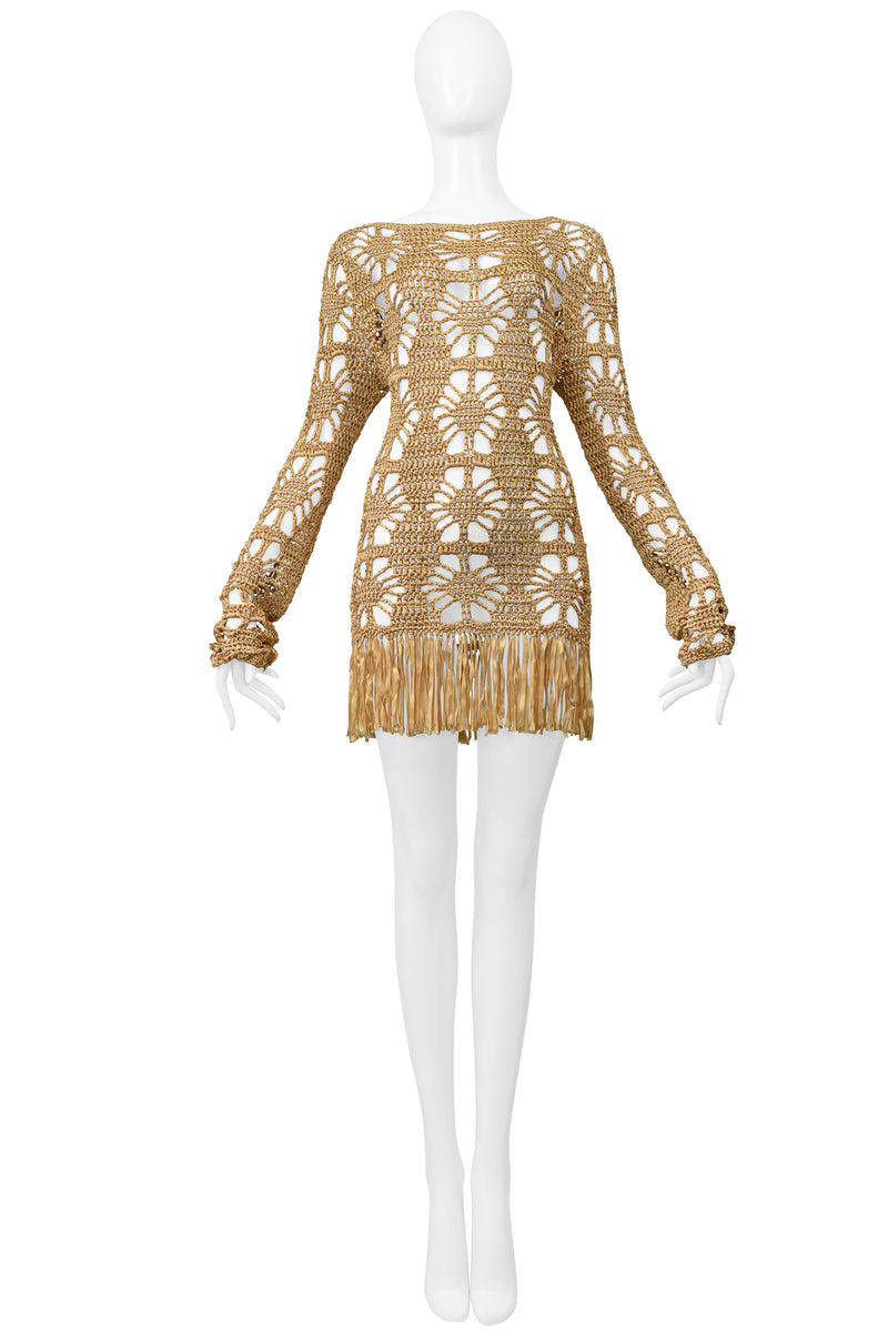 ANNA MOLINARI GOLD RIBBON MINI DRESS WITH FRINGE