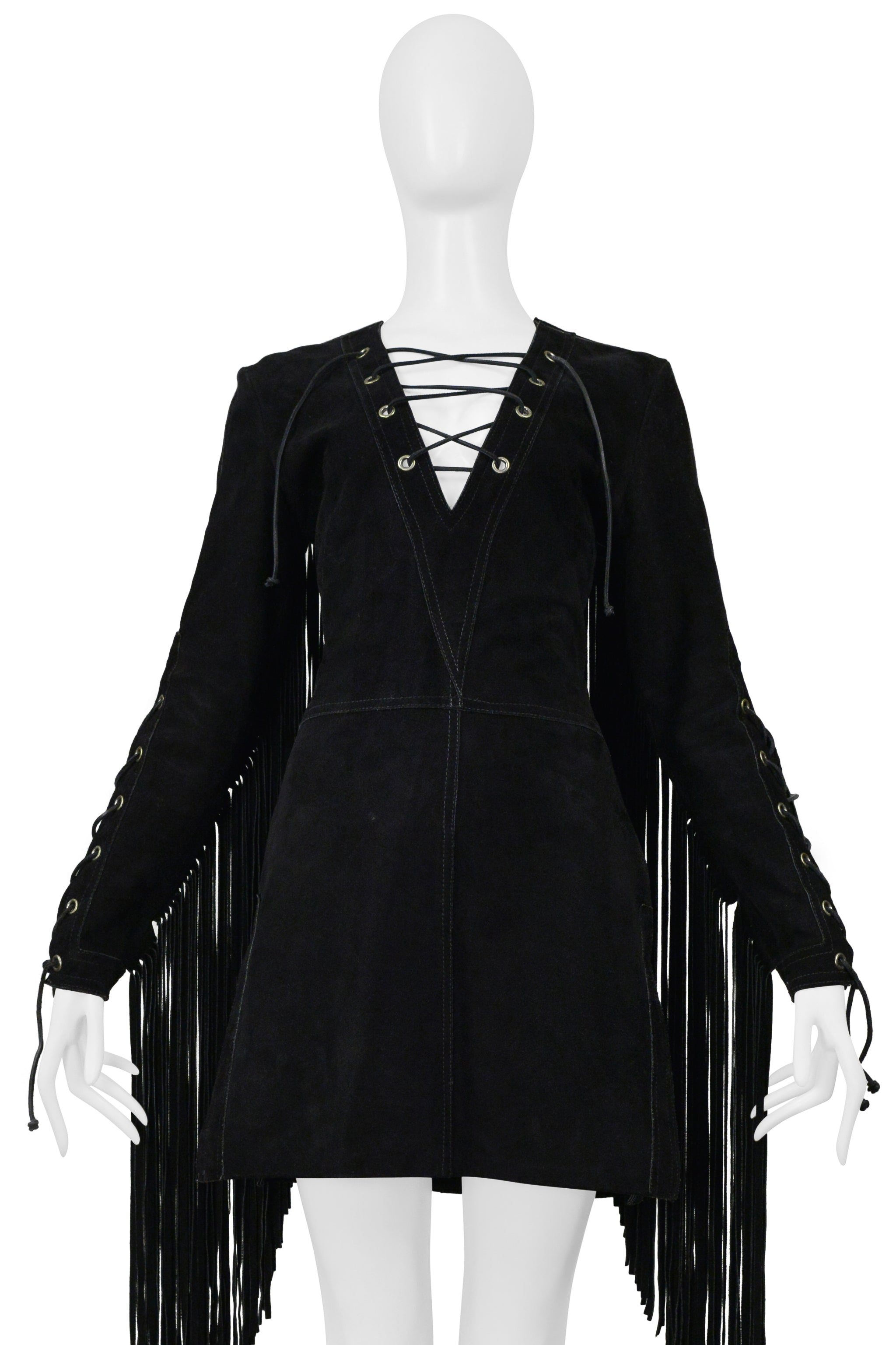 ANNA SUI BLACK SUEDE DRESS WITH FRINGE