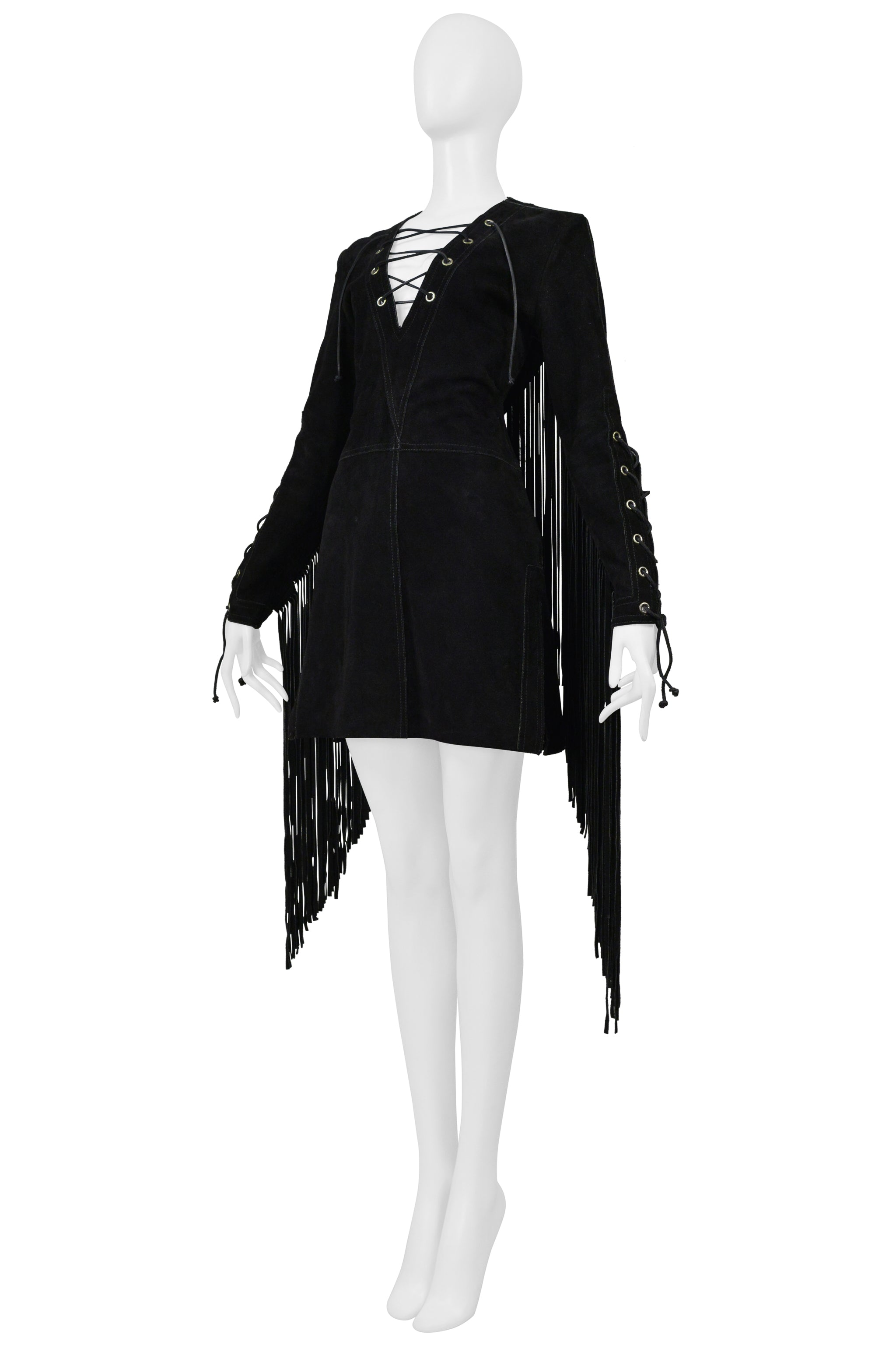 ANNA SUI BLACK SUEDE DRESS WITH FRINGE