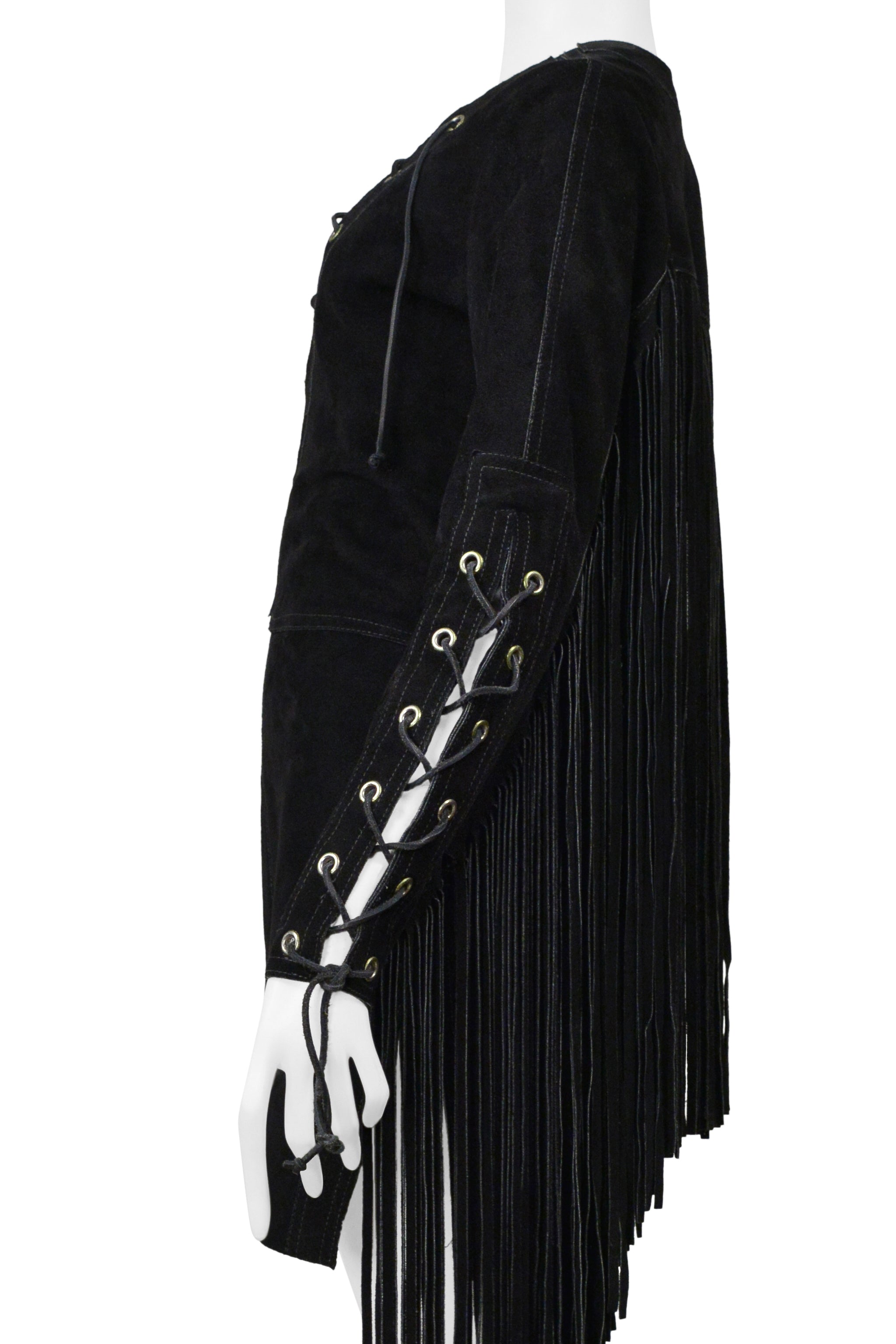 ANNA SUI BLACK SUEDE DRESS WITH FRINGE