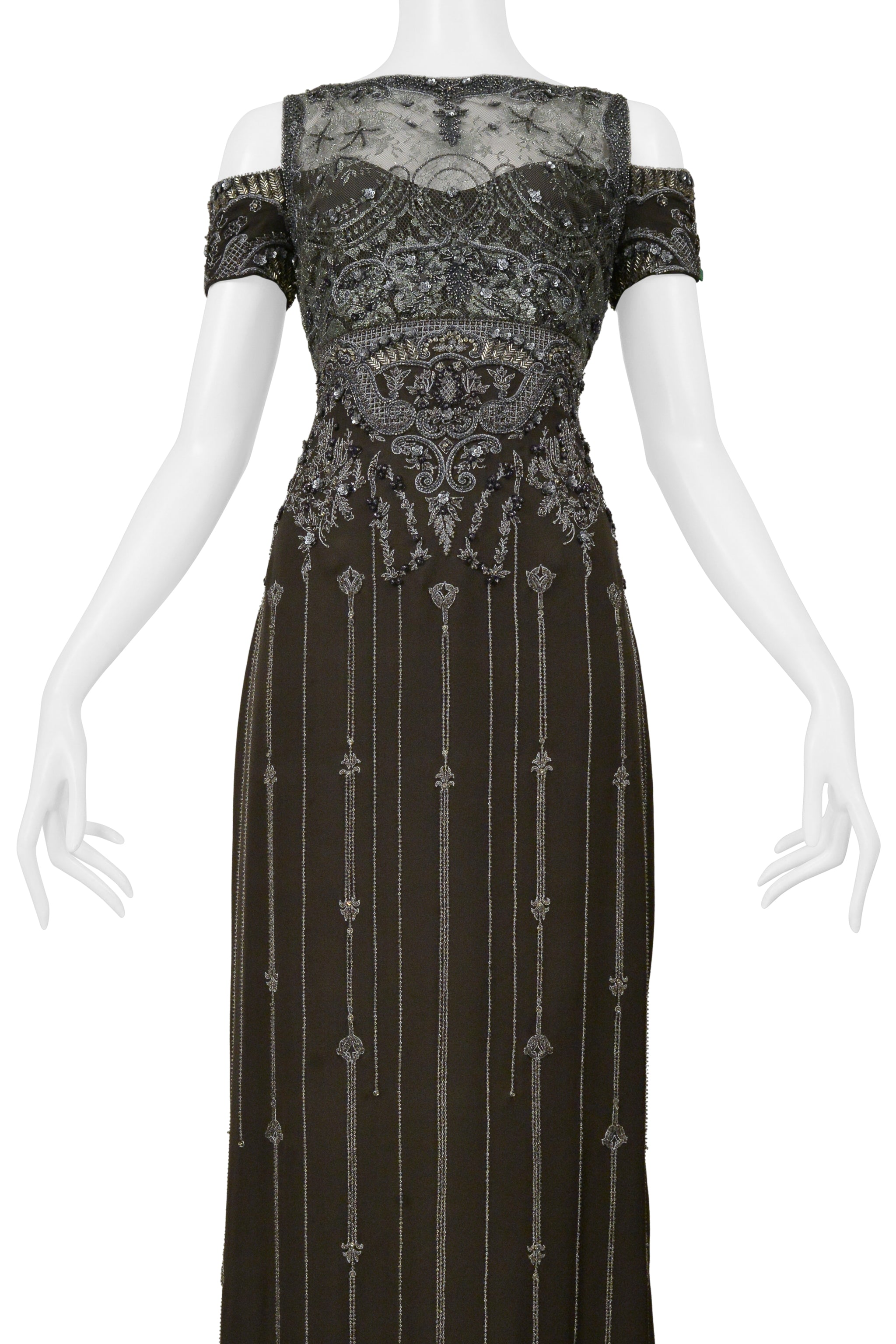 BADGLEY MISCHKA OLIVE EVENING GOWN WITH SILVER BEADING