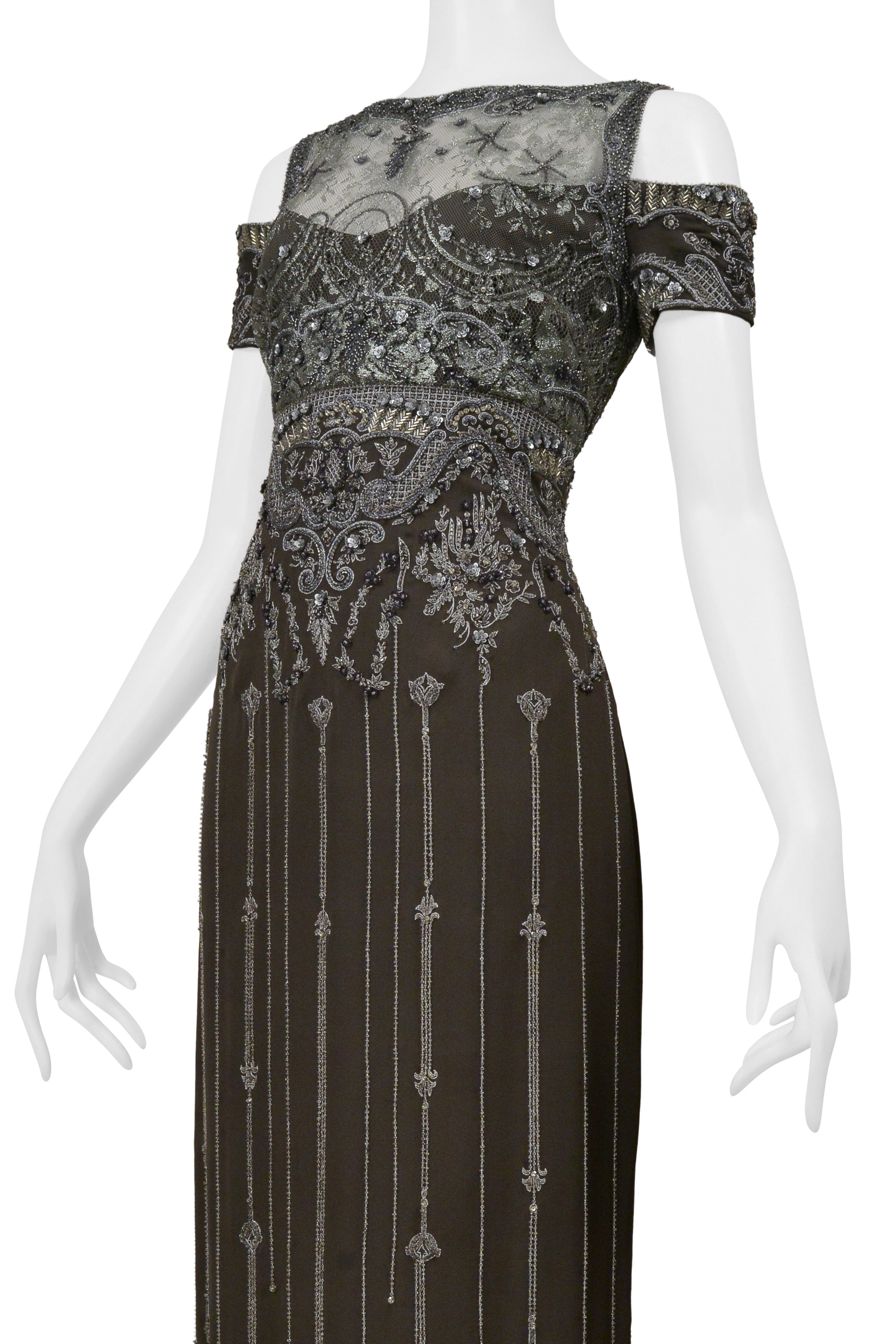 BADGLEY MISCHKA OLIVE EVENING GOWN WITH SILVER BEADING