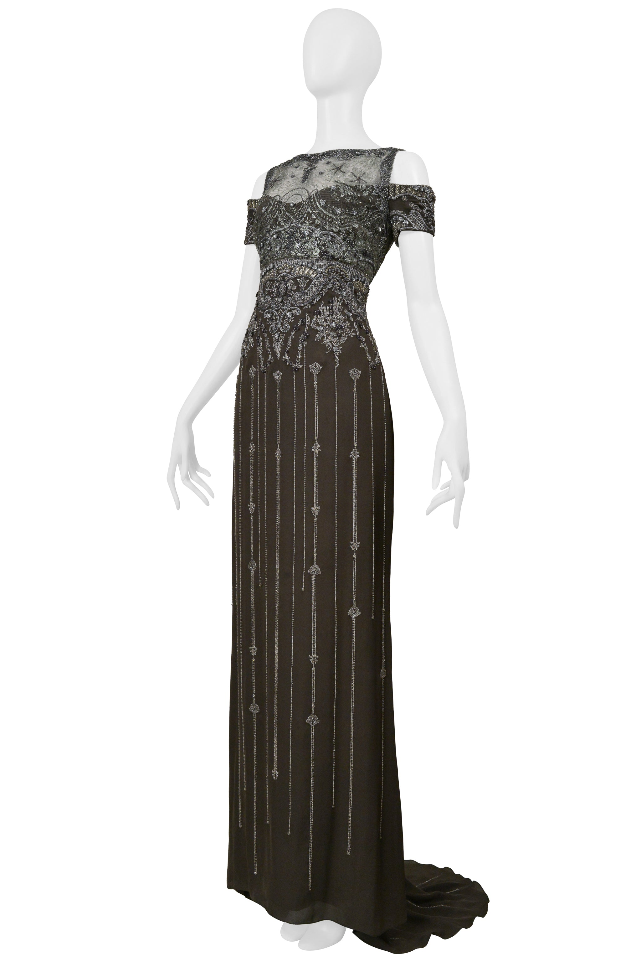 BADGLEY MISCHKA OLIVE EVENING GOWN WITH SILVER BEADING