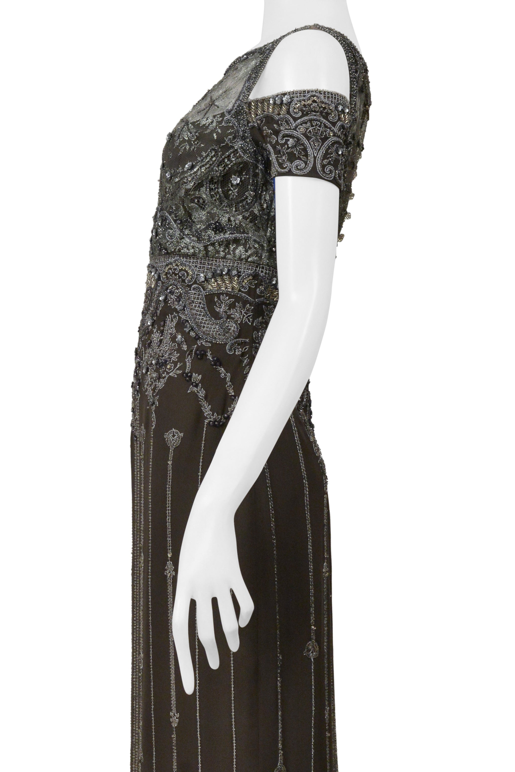 BADGLEY MISCHKA OLIVE EVENING GOWN WITH SILVER BEADING