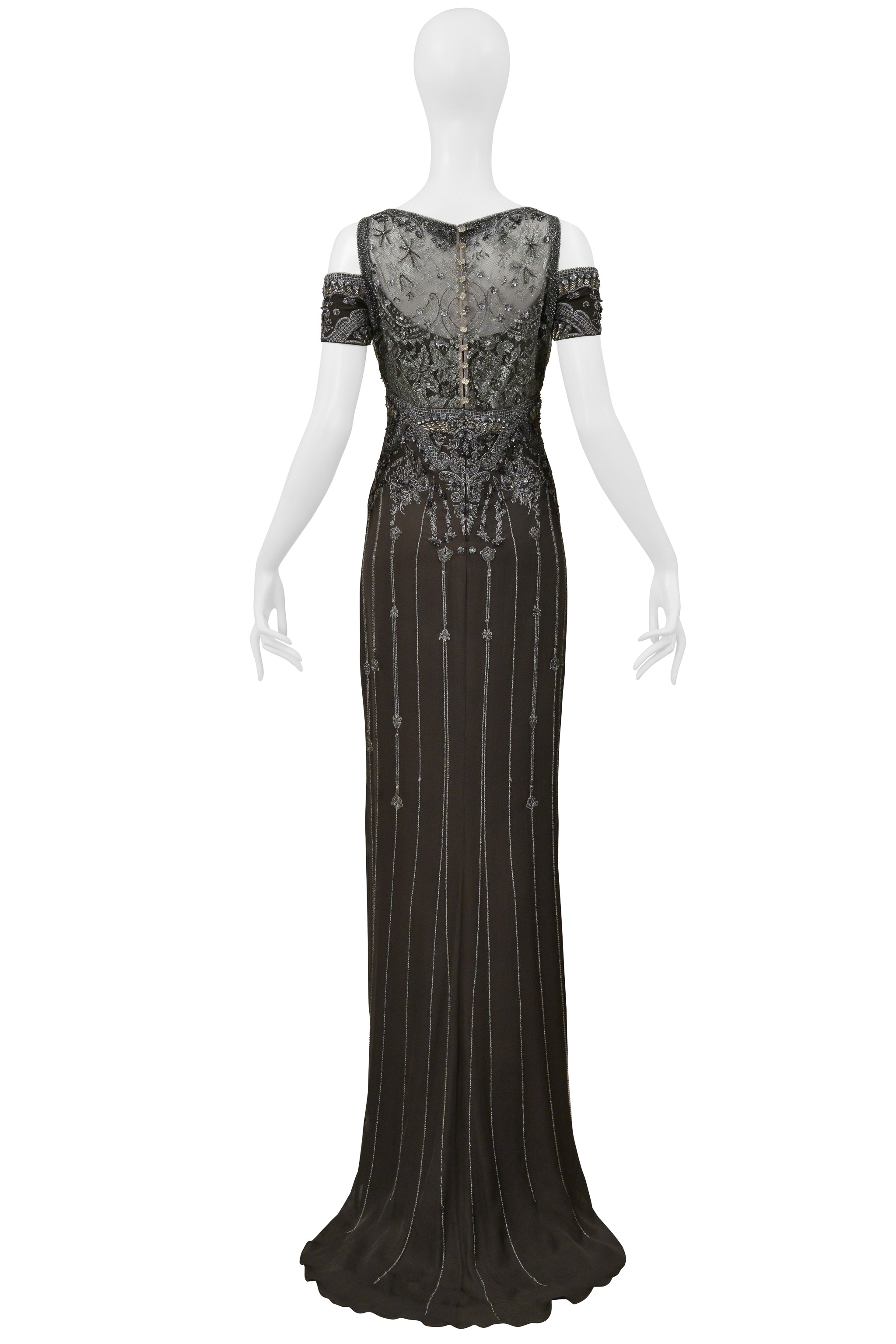 BADGLEY MISCHKA OLIVE EVENING GOWN WITH SILVER BEADING