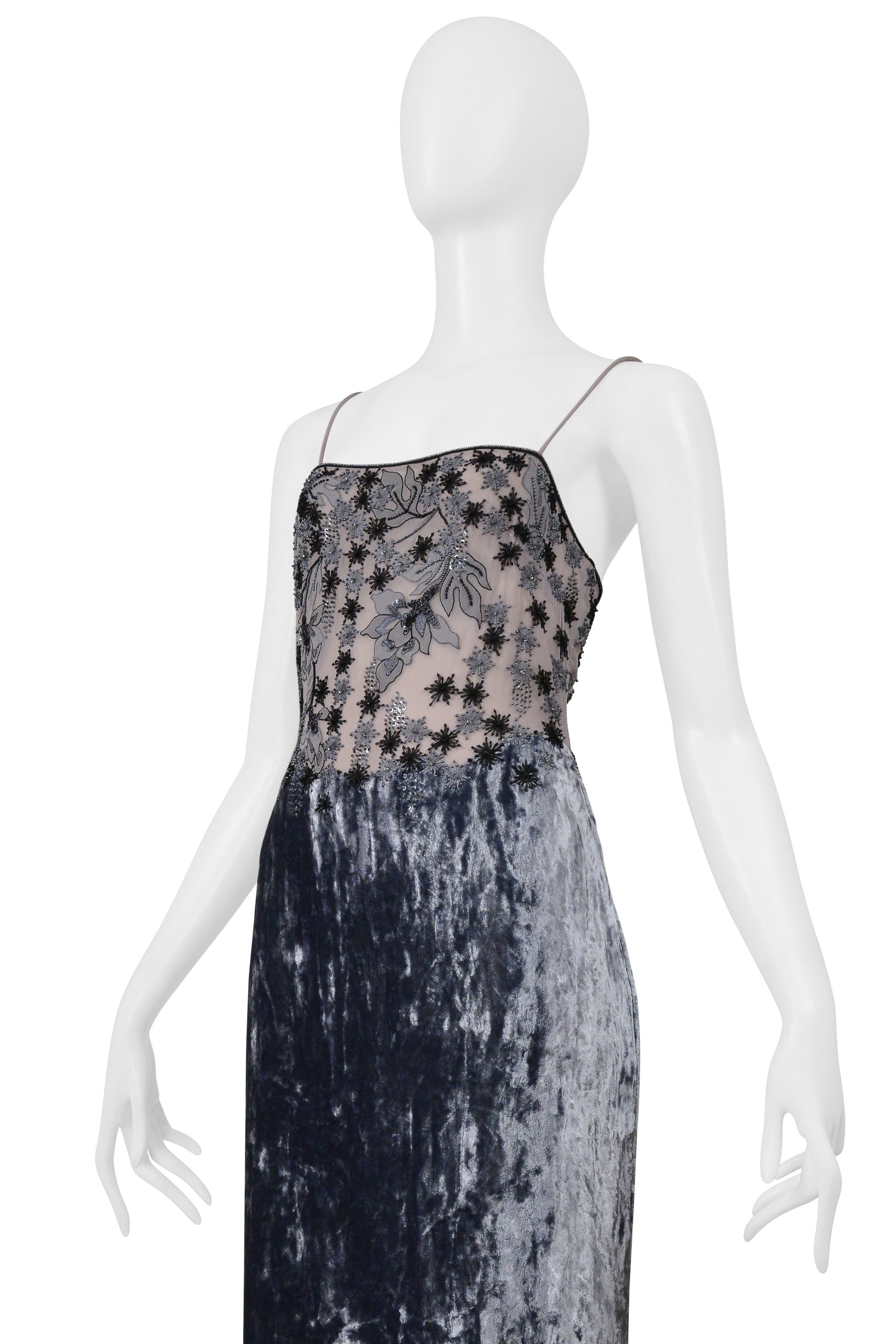 BADGLEY MISCHKA SILVER VELVET EVENING GOWN WITH SKIN STRAPS AND BEADING 1997