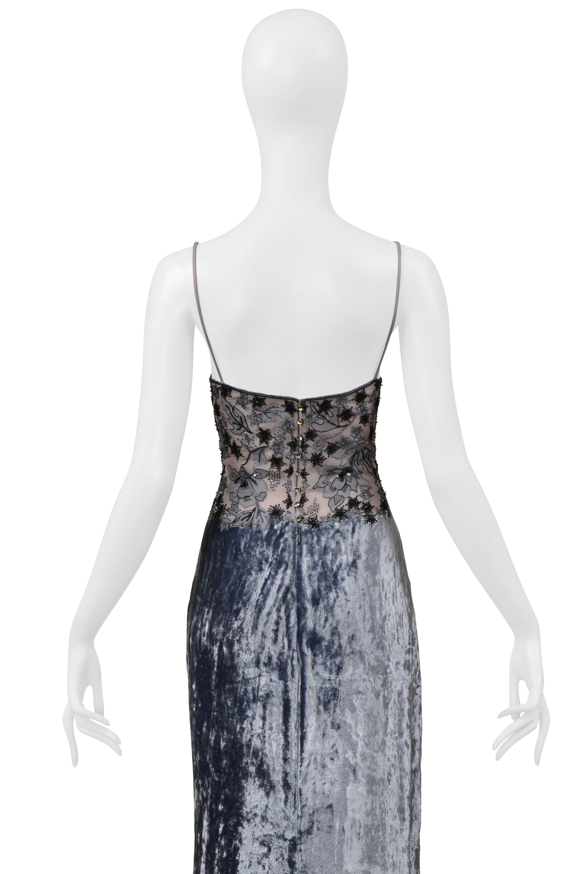 BADGLEY MISCHKA SILVER VELVET EVENING GOWN WITH SKIN STRAPS AND BEADING 1997