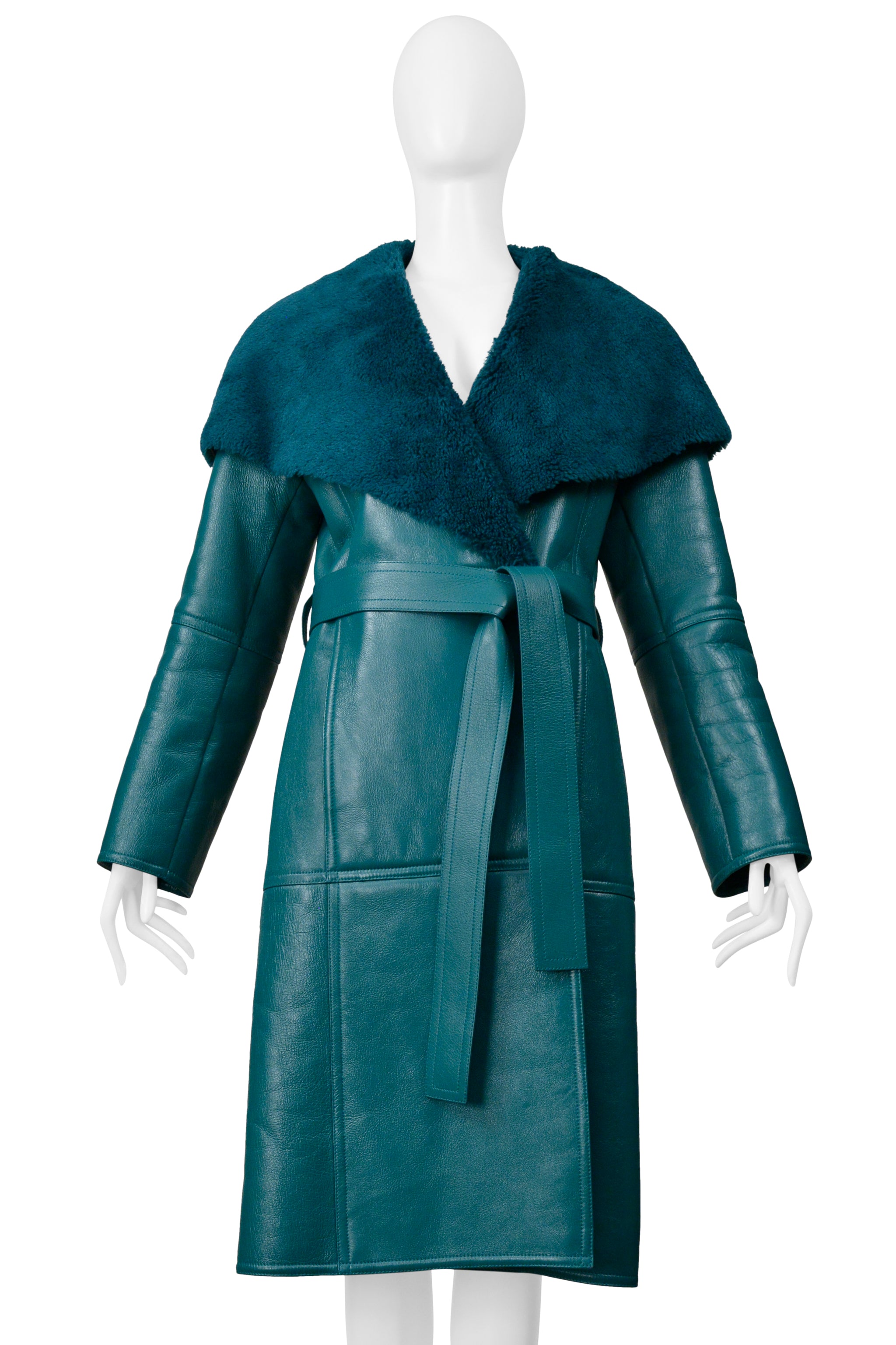 BALENCIAGA GREEN LEATHER SHEARLING COAT WITH BELT 2019