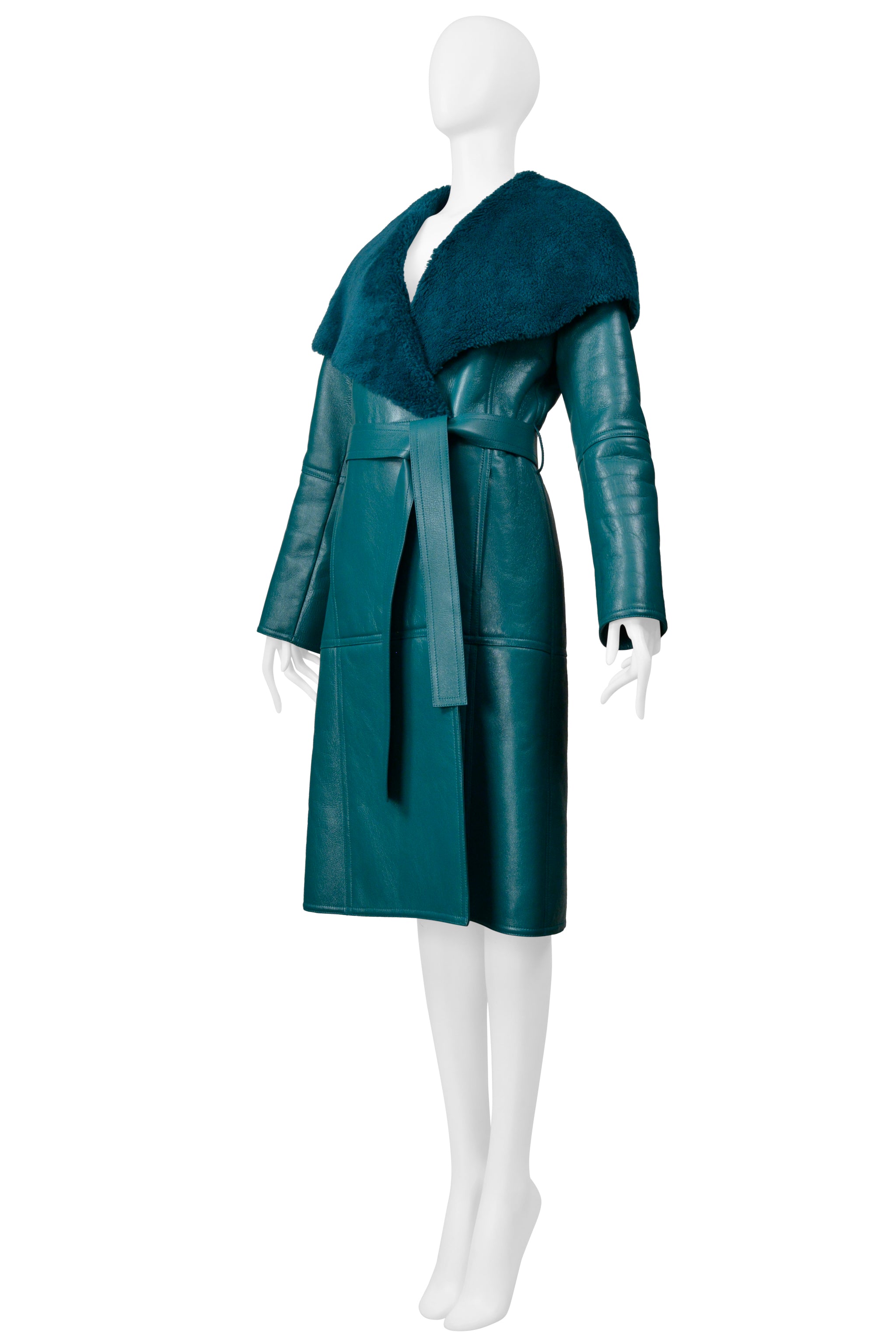 BALENCIAGA GREEN LEATHER SHEARLING COAT WITH BELT 2019