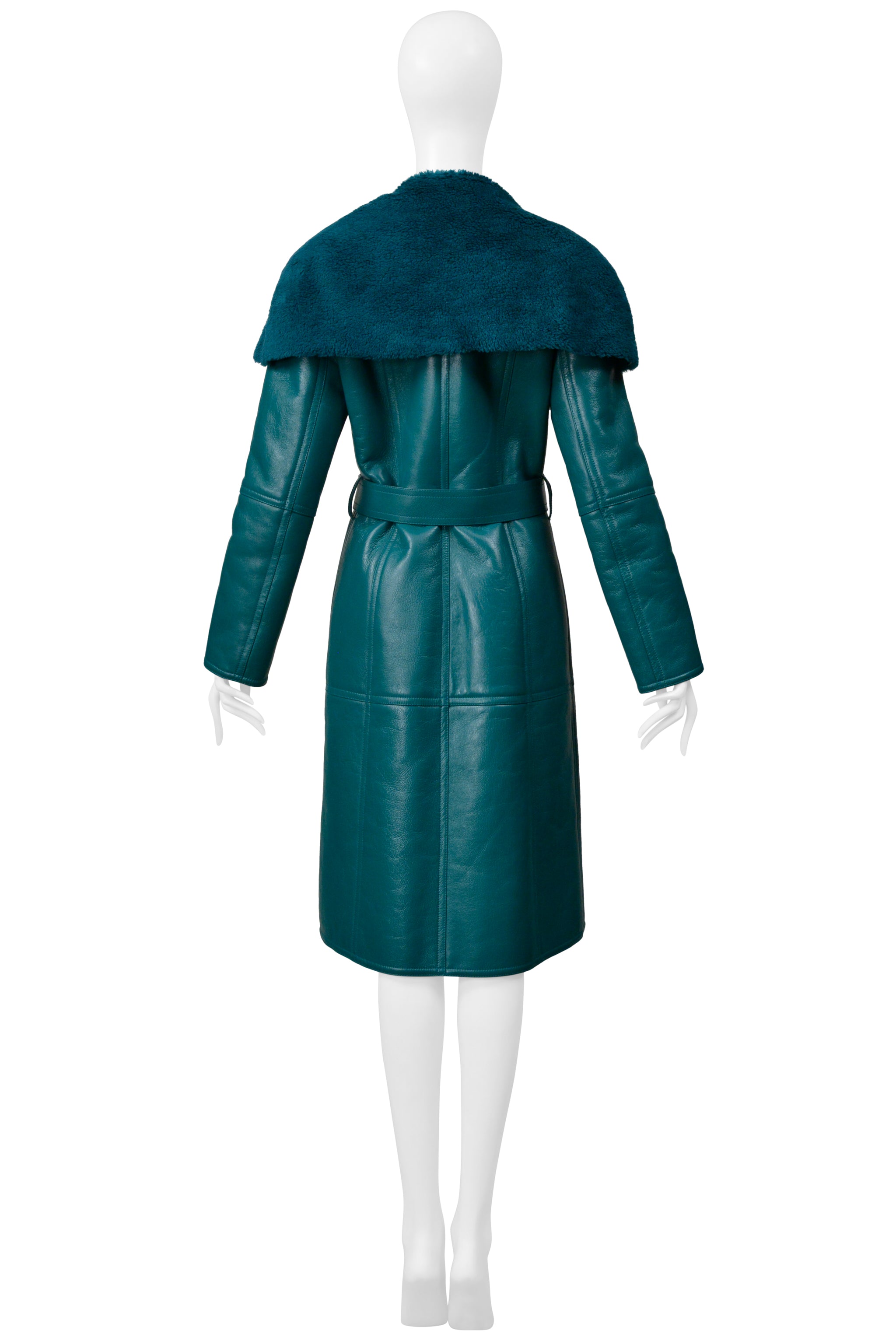 BALENCIAGA GREEN LEATHER SHEARLING COAT WITH BELT 2019