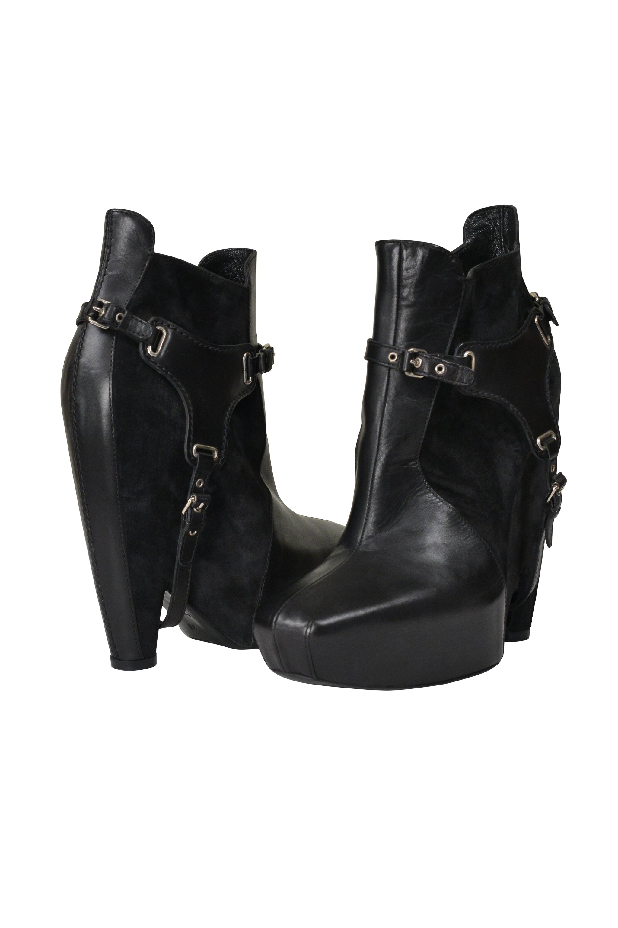 BALENCIAGA BY GHESQUIERE BLACK LEATHER & SUEDE HARNESS BOOTS 2006