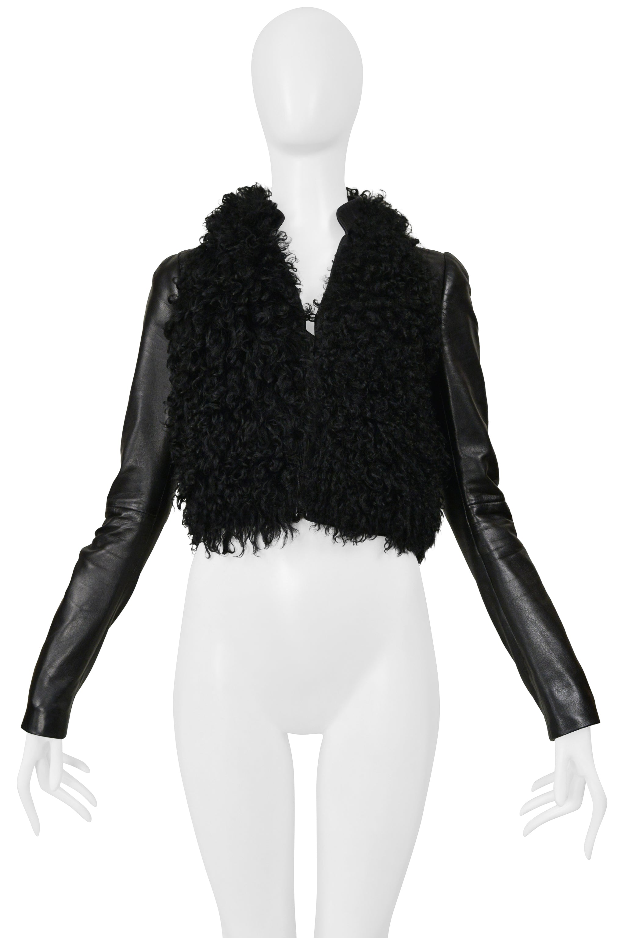 BALENCIAGA BY GHESQUIERE BLACK LEATHER JACKET WITH CURLY FUR 2008