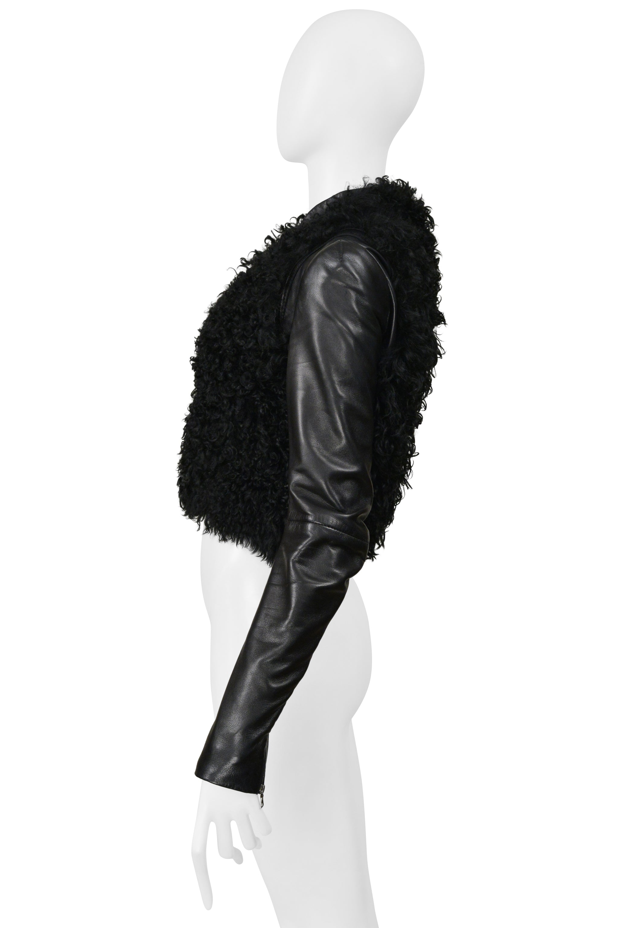 BALENCIAGA BY GHESQUIERE BLACK LEATHER JACKET WITH CURLY FUR 2008