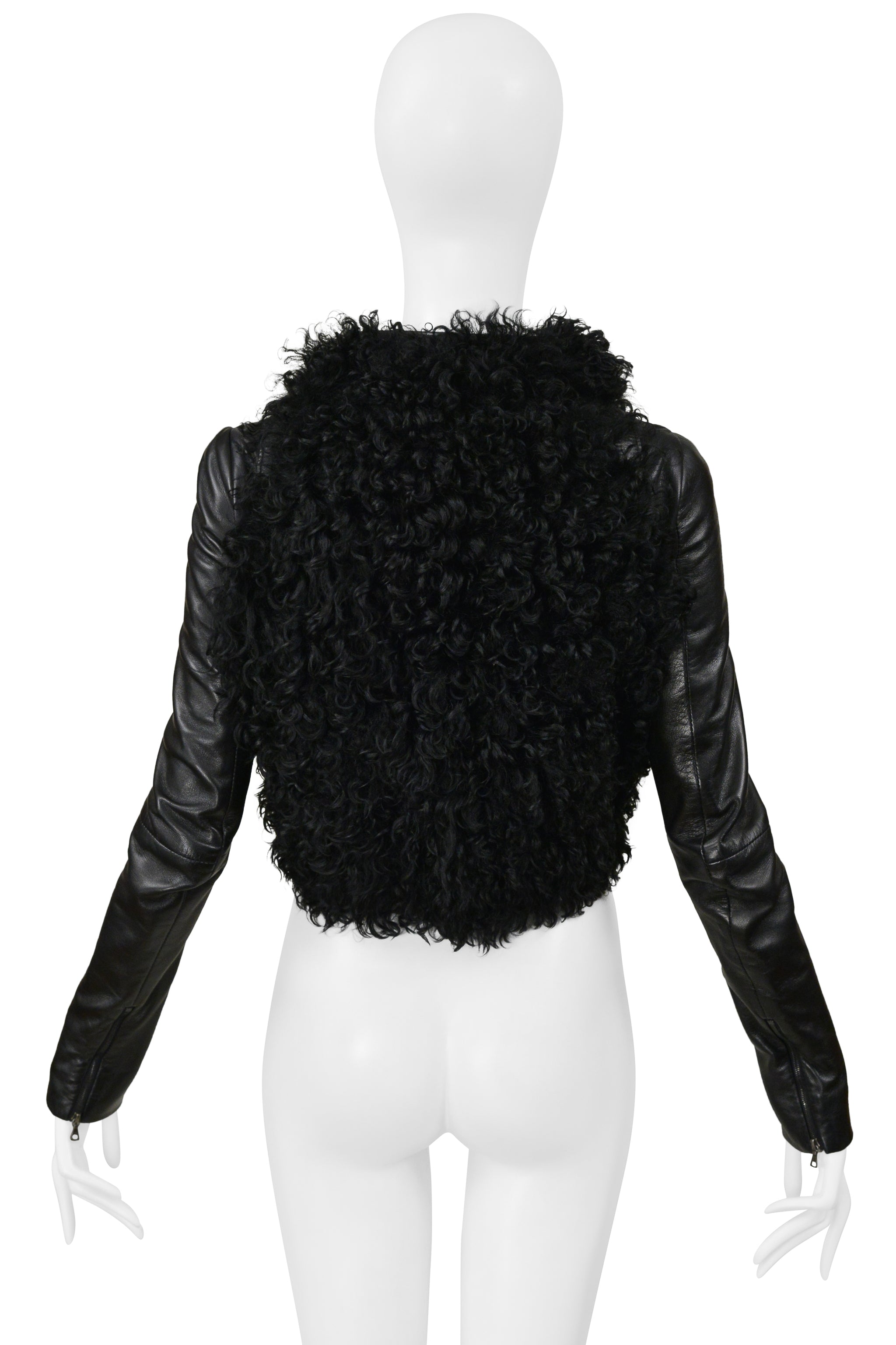 BALENCIAGA BY GHESQUIERE BLACK LEATHER JACKET WITH CURLY FUR 2008