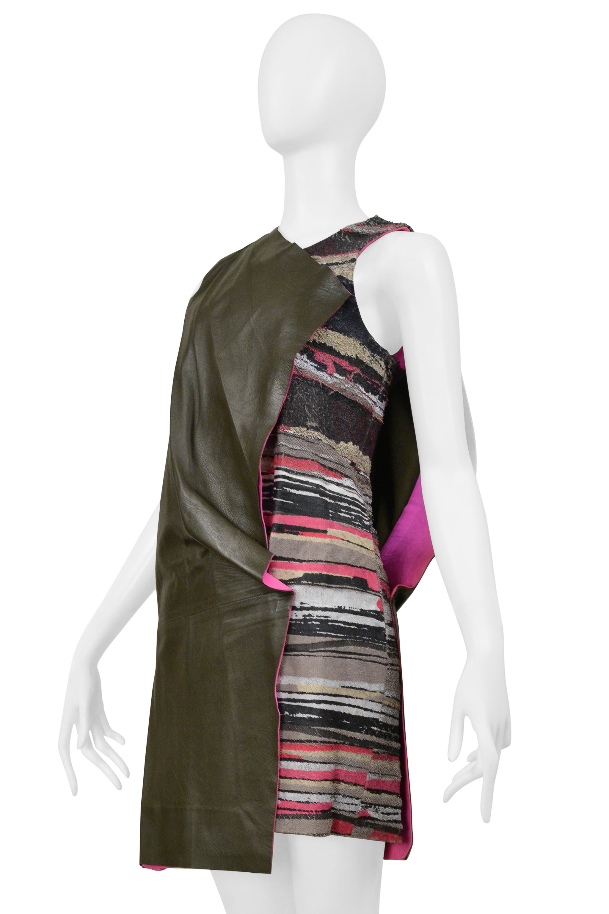 BALENCIAGA BY GHESQUIERE ARMY GREEN AND PINK LEATHER DRESS 2010