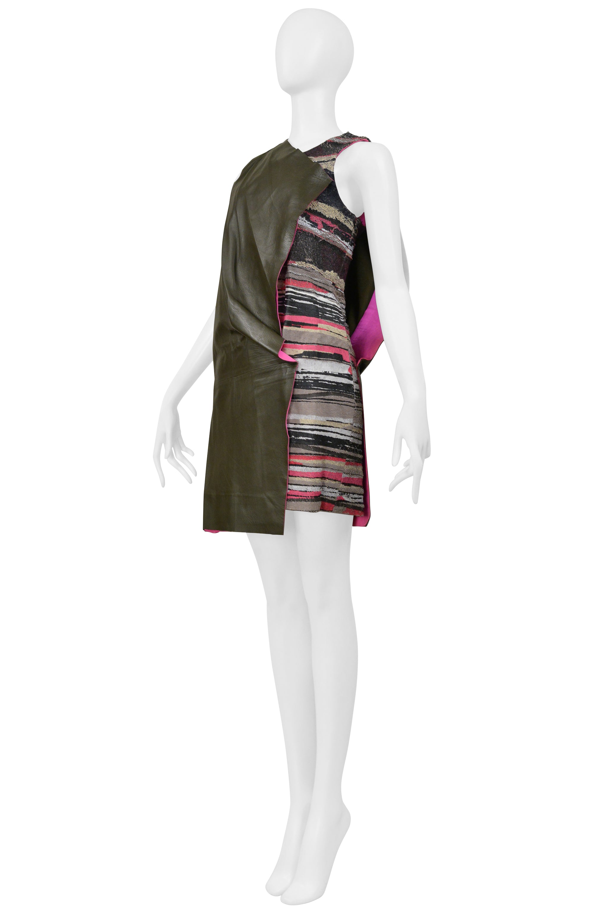 BALENCIAGA BY GHESQUIERE ARMY GREEN AND PINK LEATHER DRESS 2010