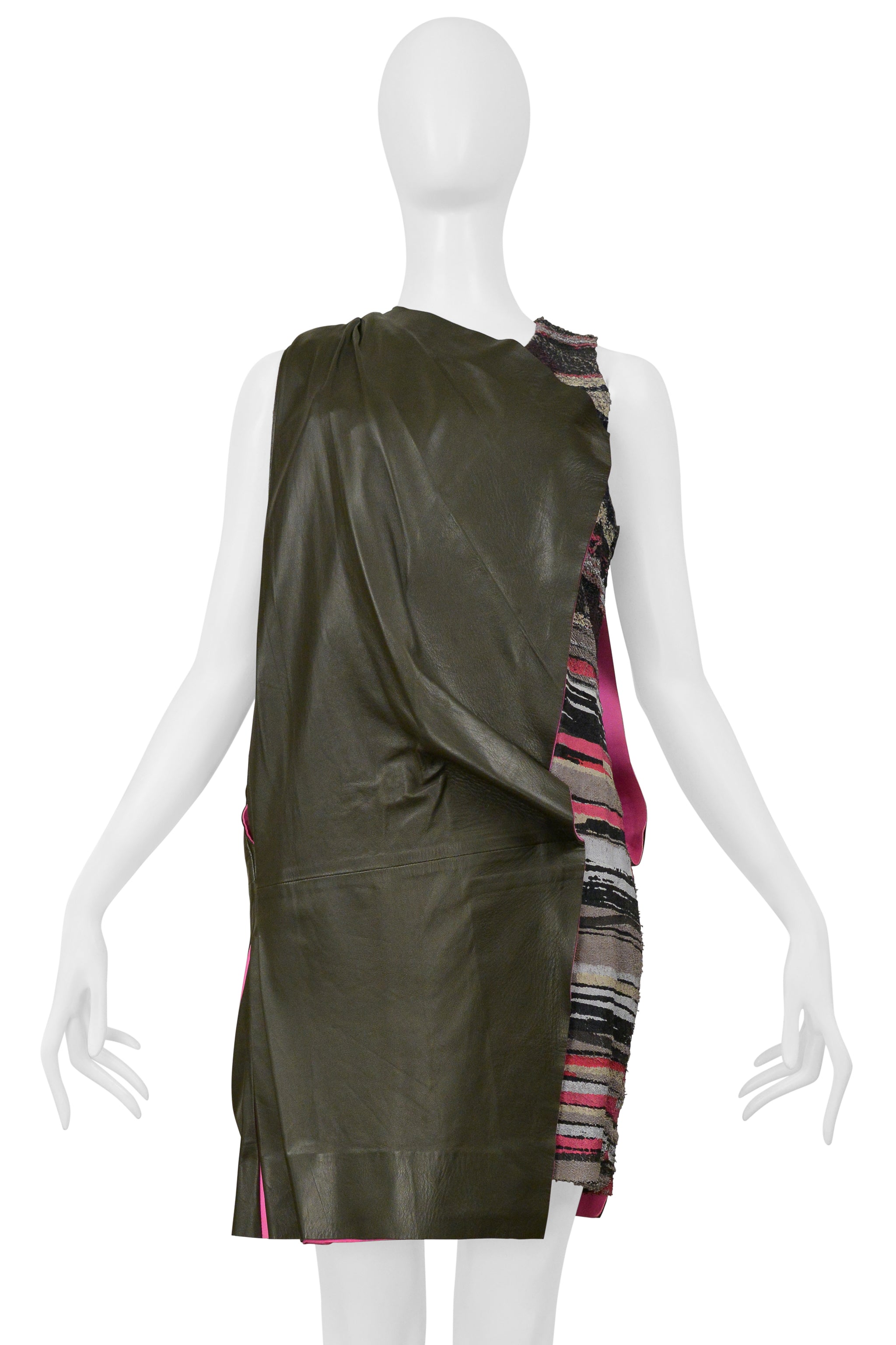 BALENCIAGA BY GHESQUIERE ARMY GREEN AND PINK LEATHER DRESS 2010