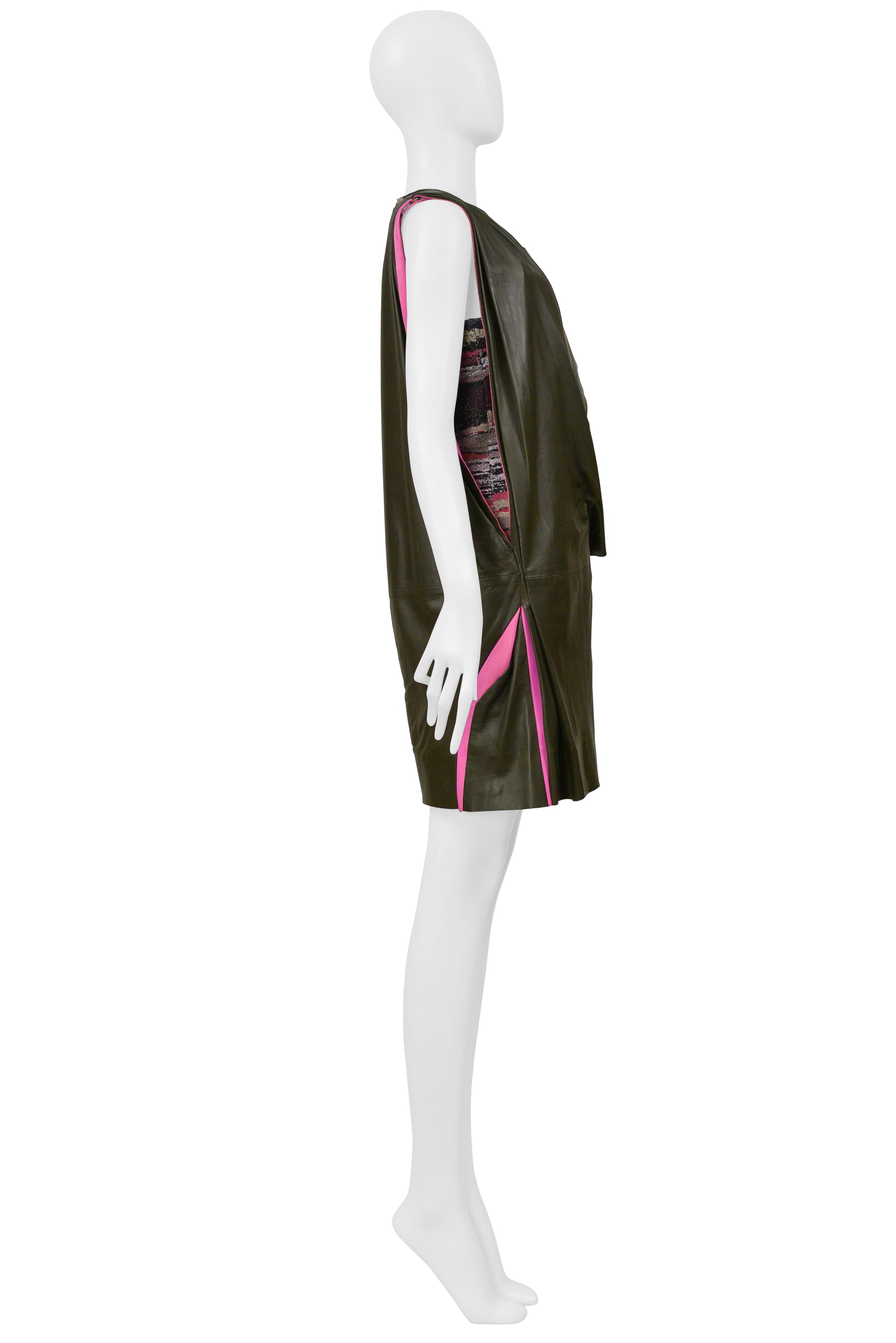 BALENCIAGA BY GHESQUIERE ARMY GREEN AND PINK LEATHER DRESS 2010