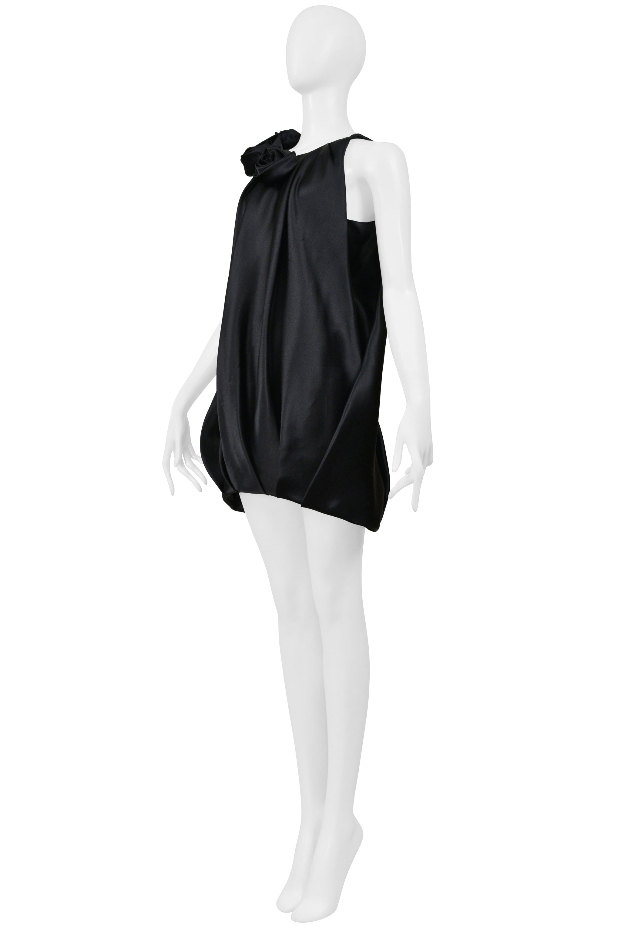 BALENCIAGA BY GHESQUIERE BLACK SATIN DRESS WITH ROSES