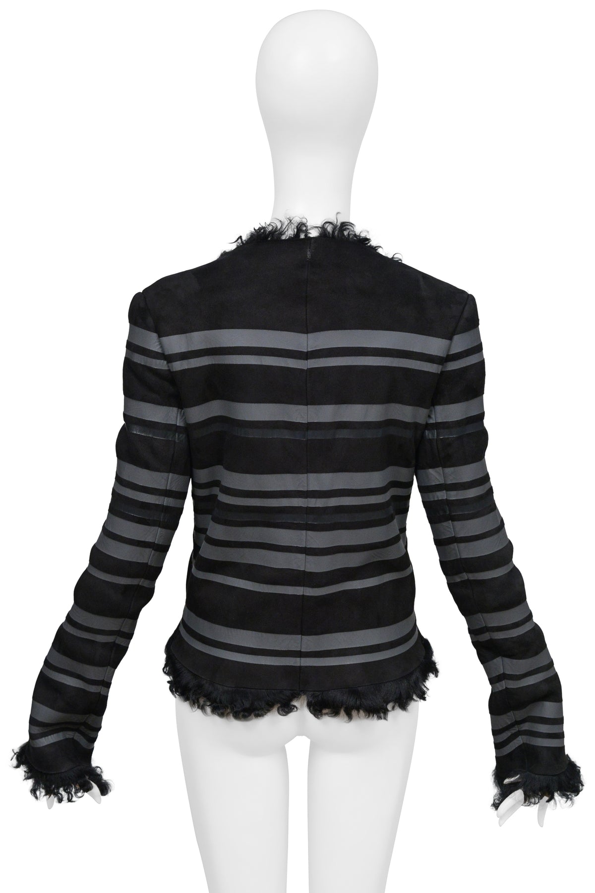 BALENCIAGA BY GHESQUIERE BLACK WITH GREY STRIPES SHEARLING JACKET