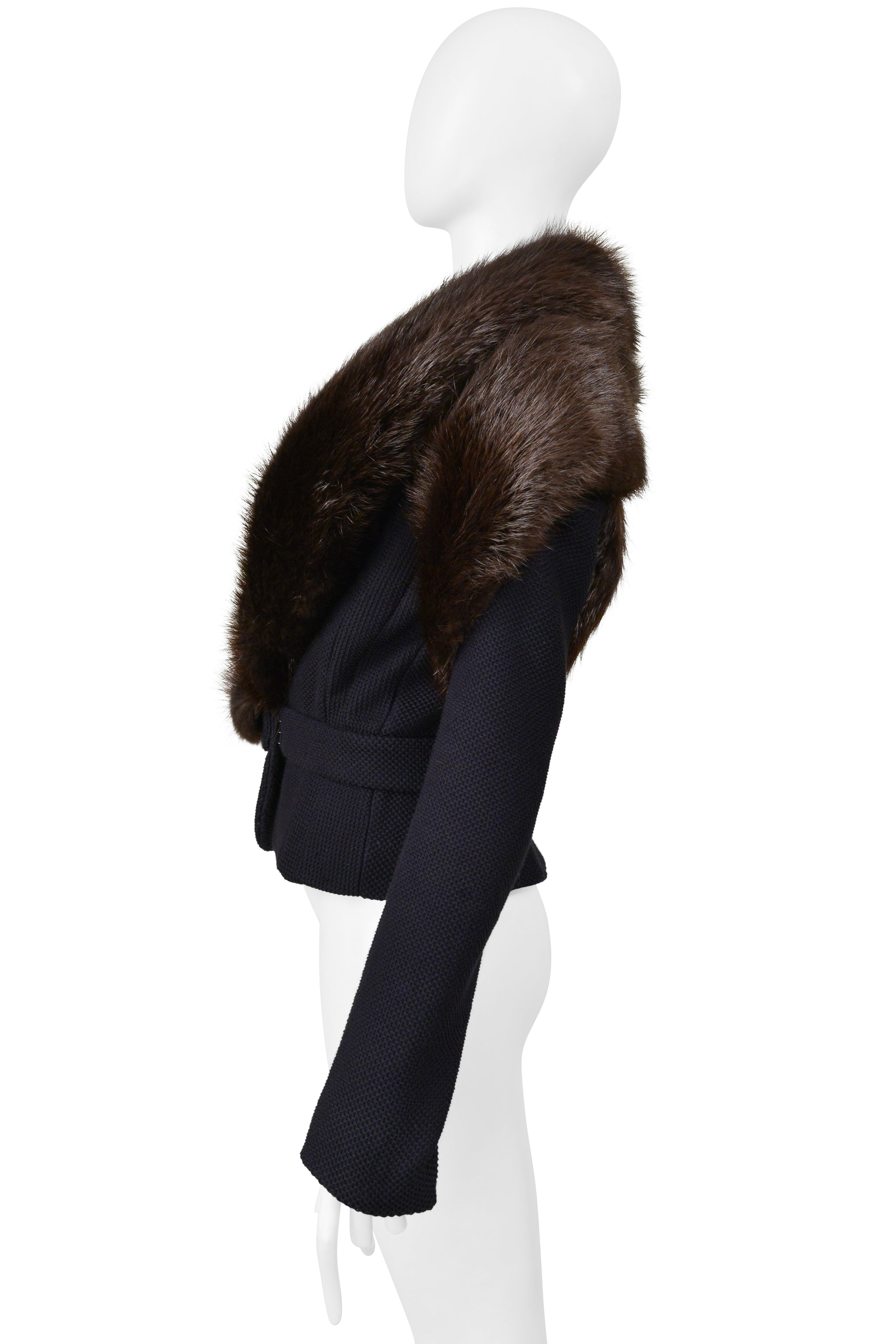 BALENCIAGA BY GHESQUIERE FALL 2005 NAVY JACKET WITH BROWN BEAVER FUR COLLAR