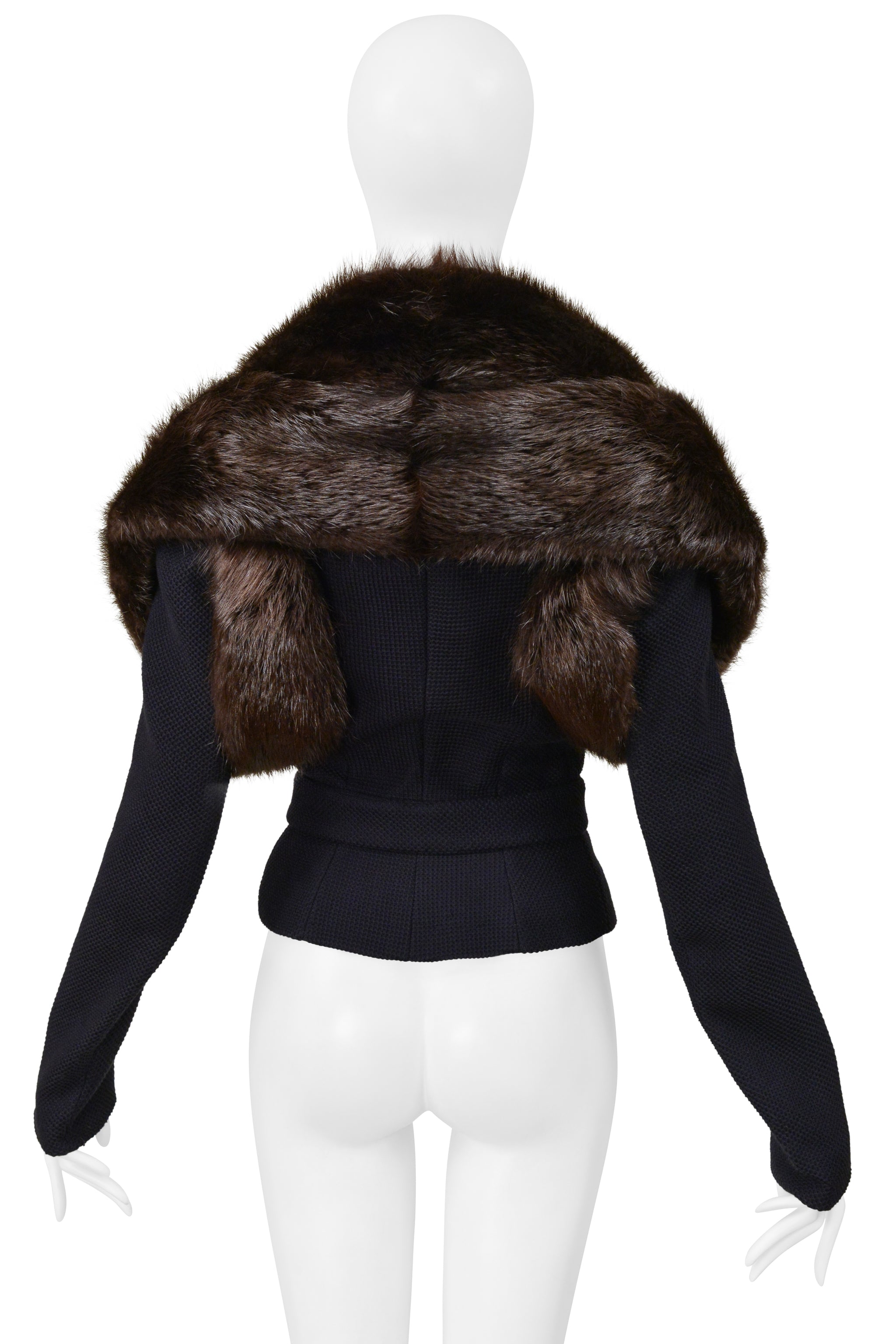 BALENCIAGA BY GHESQUIERE FALL 2005 NAVY JACKET WITH BROWN BEAVER FUR COLLAR