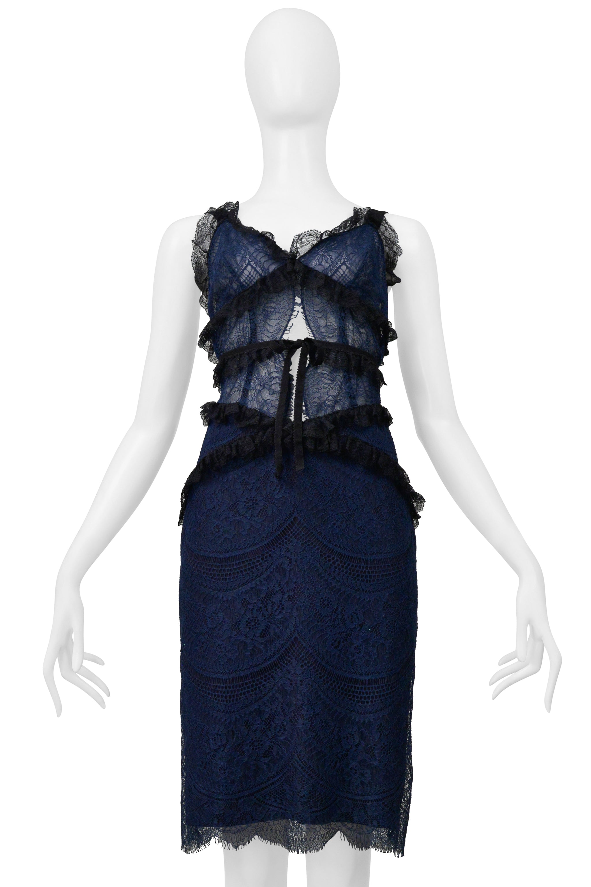 BLUMARINE NAVY AND BLACK CHIFFON AND LACE DRESS WITH RUFFLES