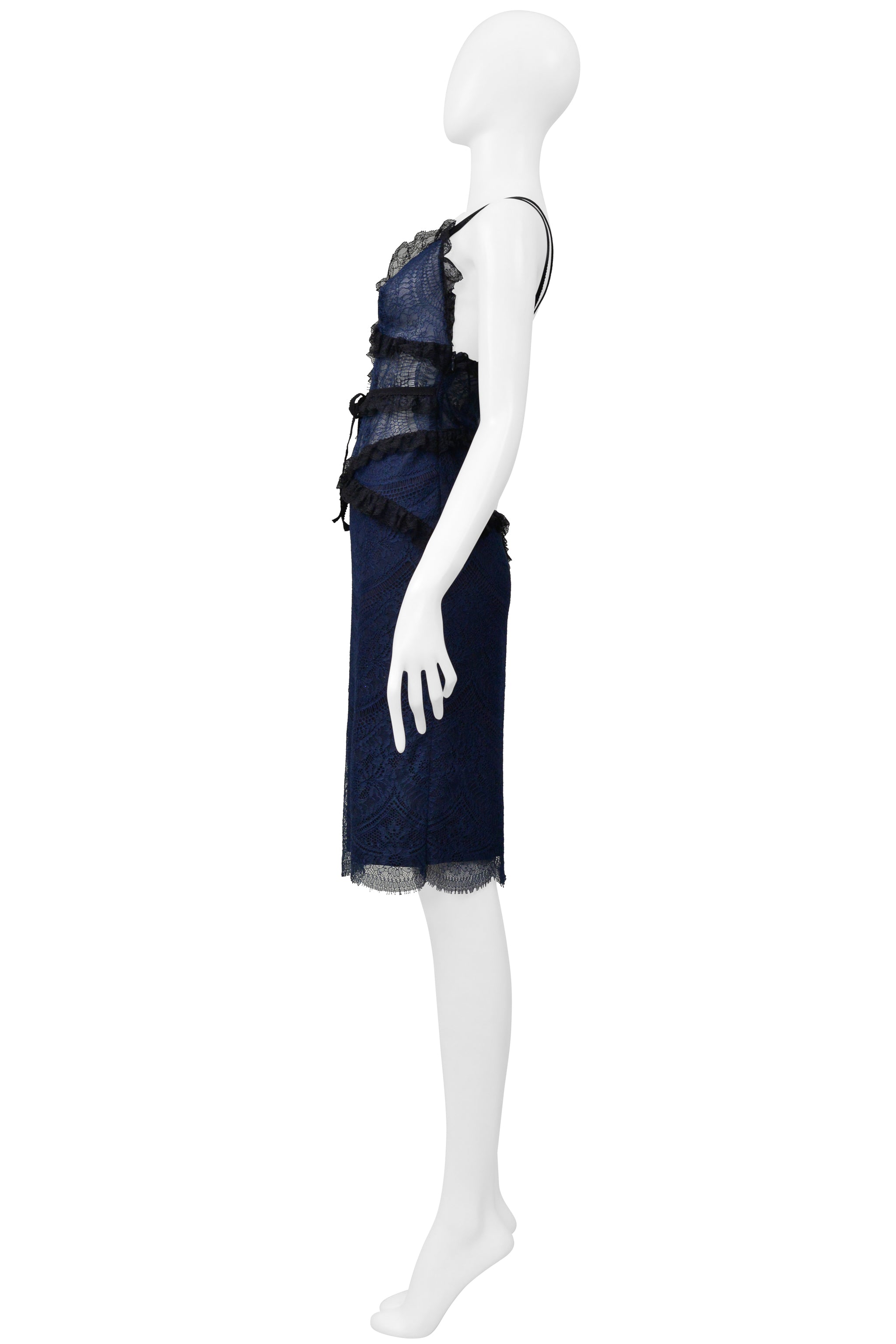 BLUMARINE NAVY AND BLACK CHIFFON AND LACE DRESS WITH RUFFLES
