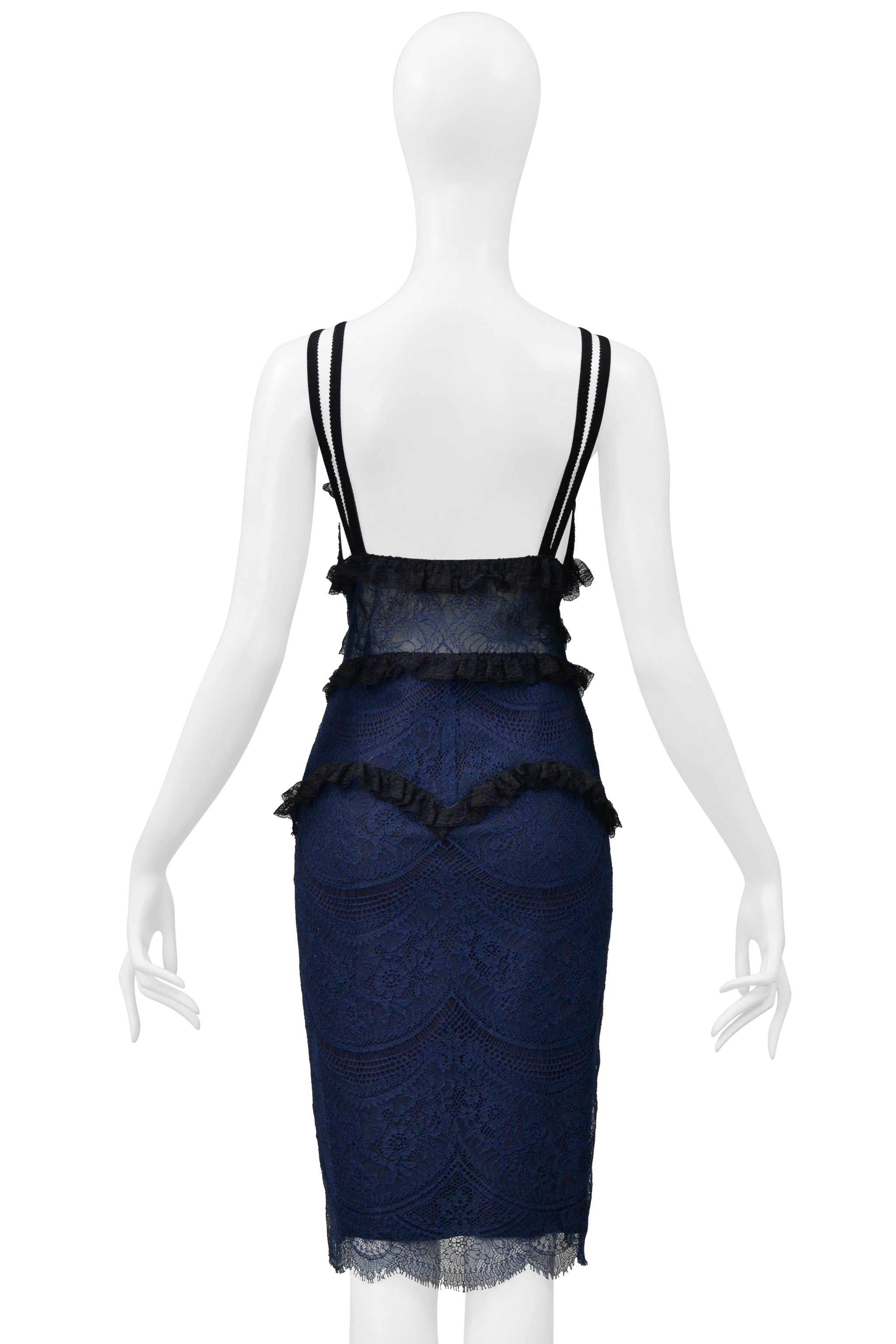 BLUMARINE NAVY AND BLACK CHIFFON AND LACE DRESS WITH RUFFLES