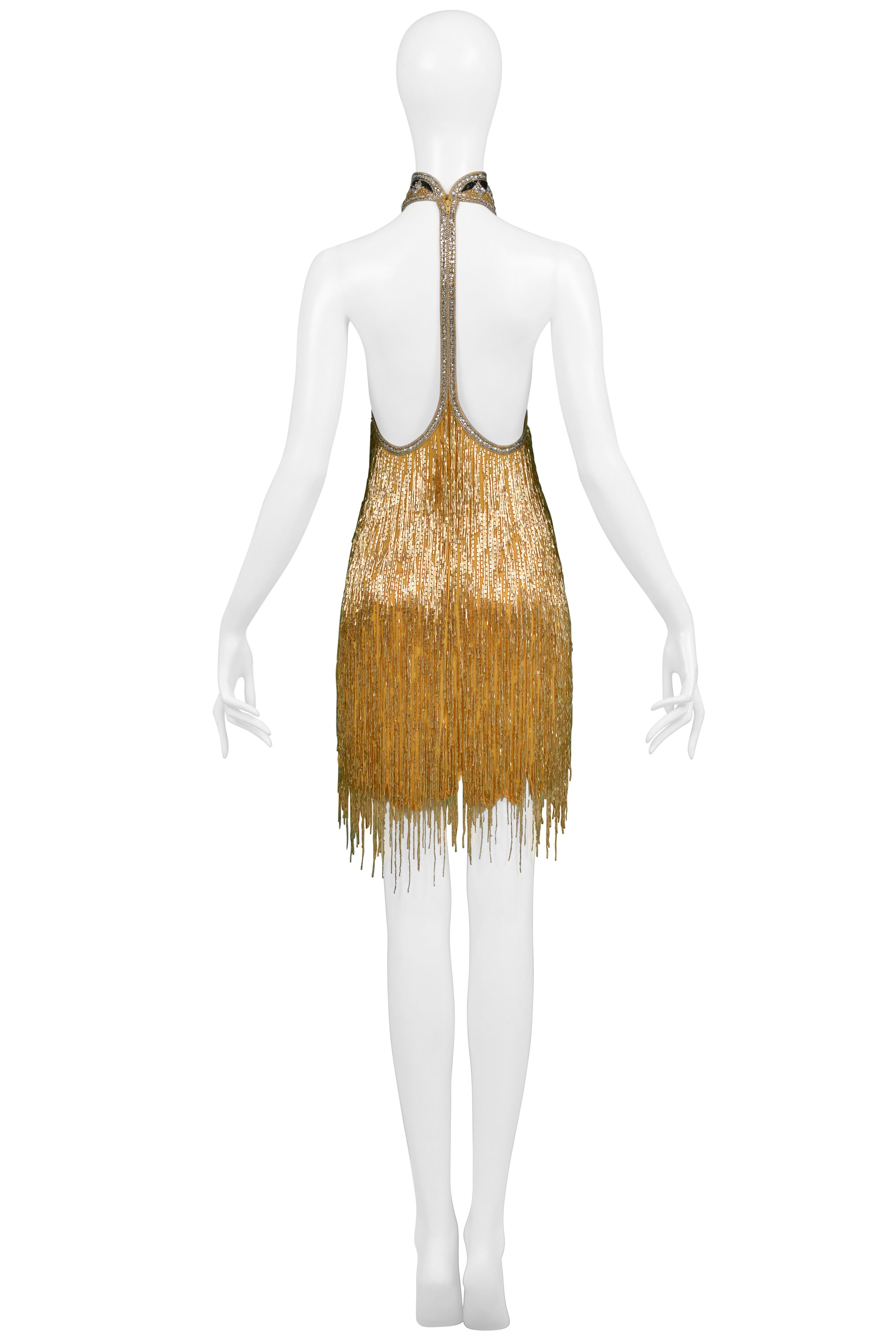 1991 Bob Mackie Gold Sequin Dangle Thread on Metallic Lace Mini Dress