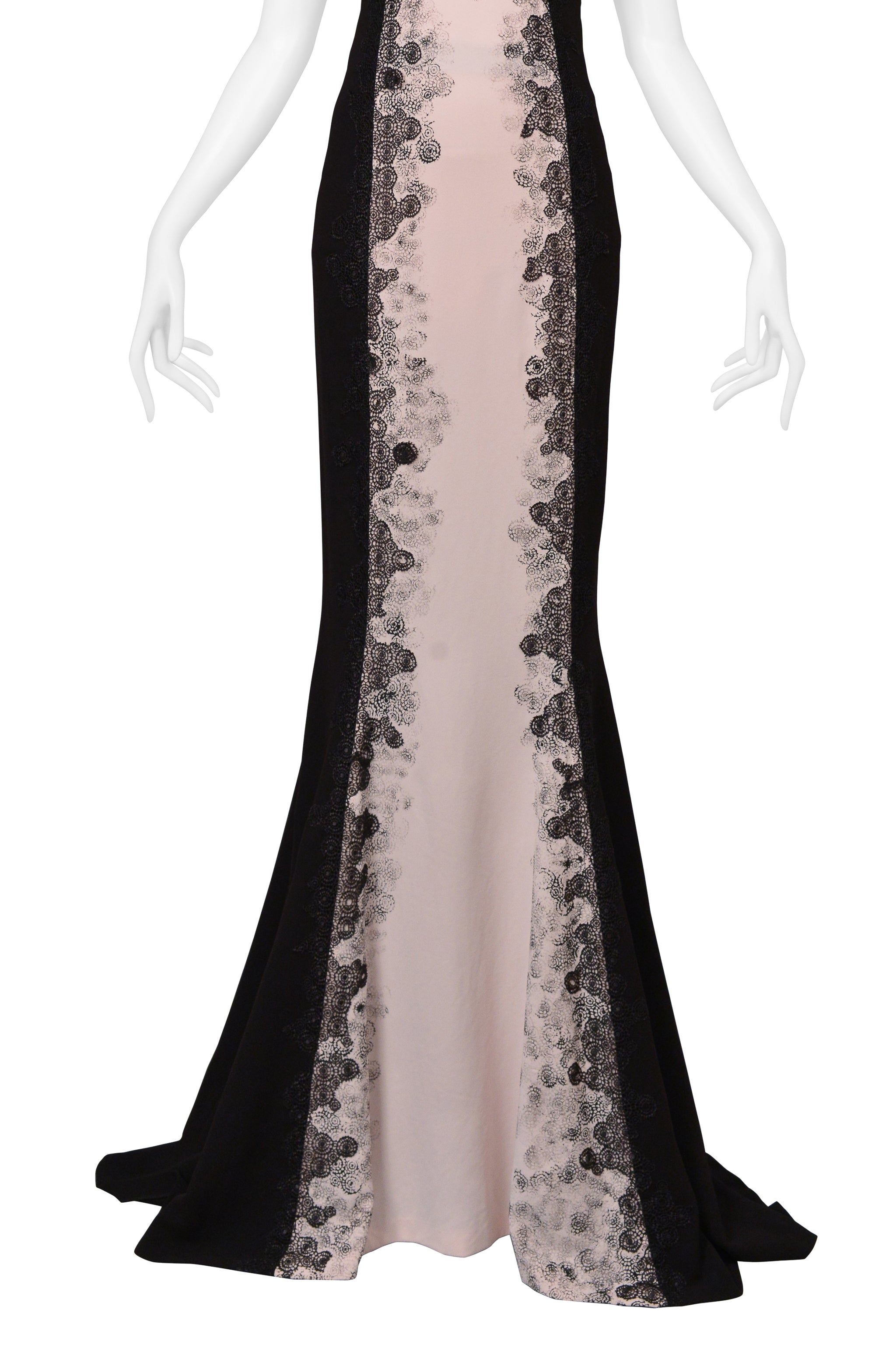 BOTTEGA VENETA BLACK AND BLUSH PINK GOWN WITH LACE DETAILING AND LONG TRAIN