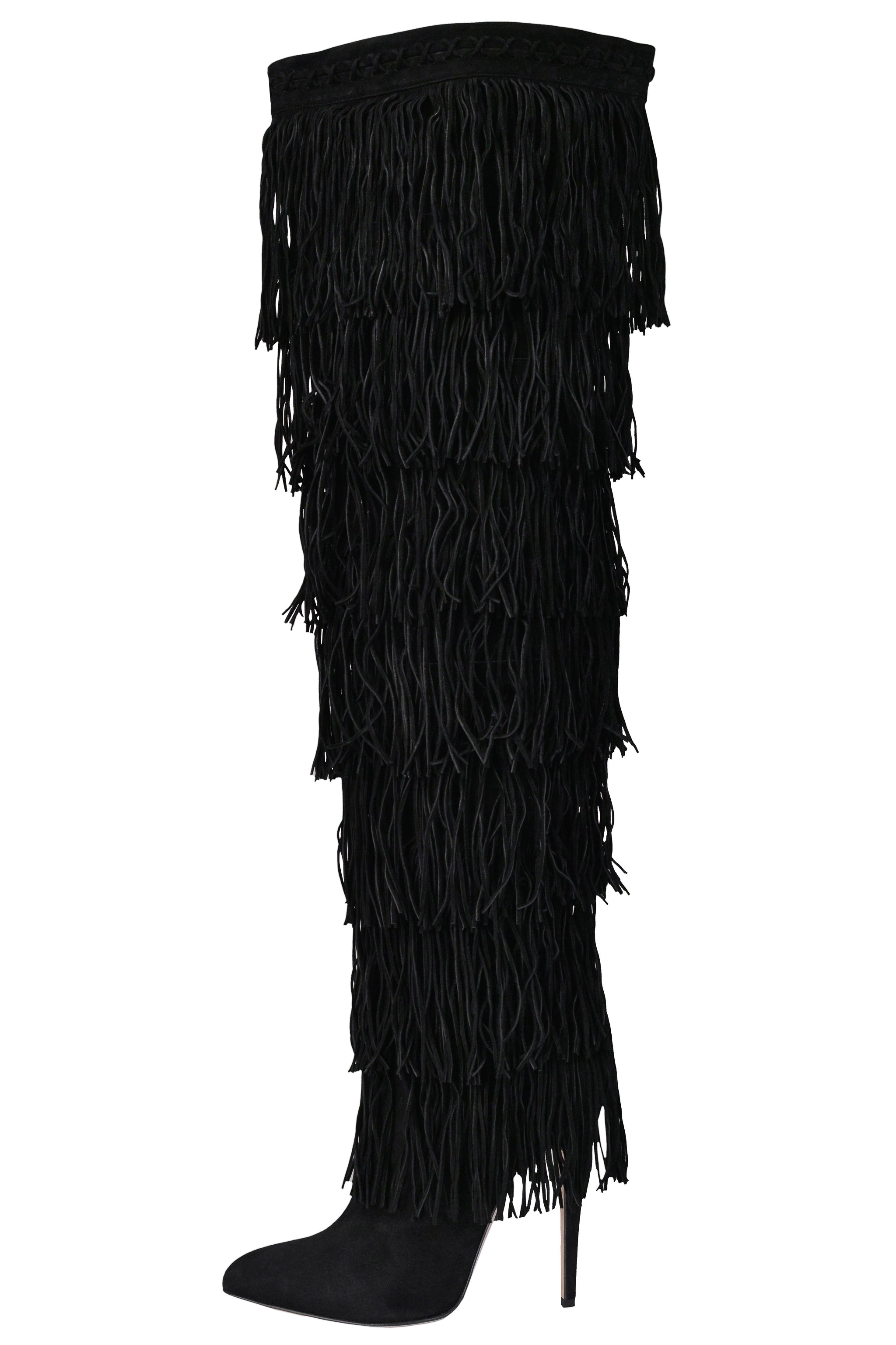 BRIAN ATWOOD BLACK SUEDE THIGH HIGH BOOTS WITH FRINGE