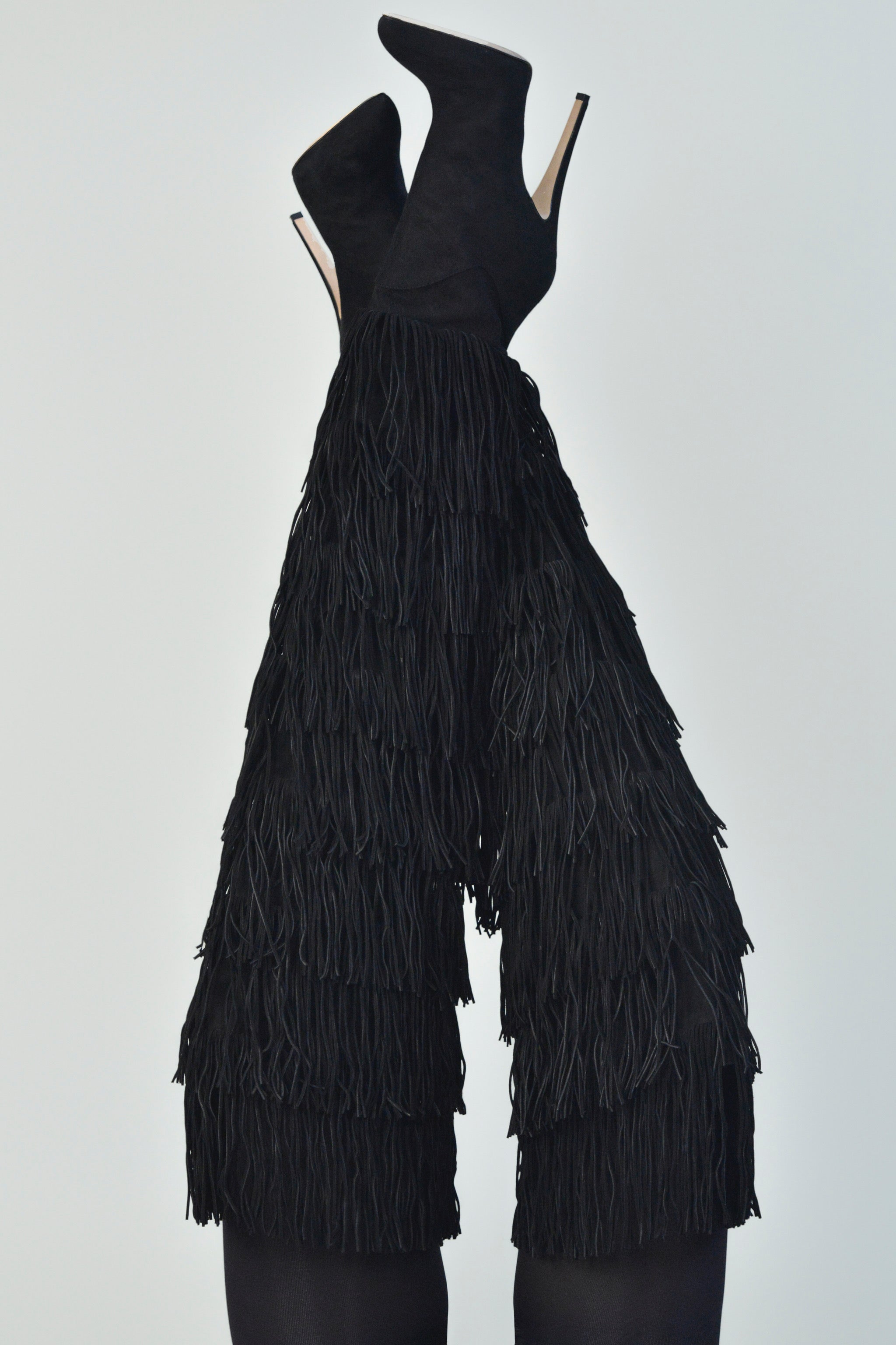 BRIAN ATWOOD BLACK SUEDE THIGH HIGH BOOTS WITH FRINGE