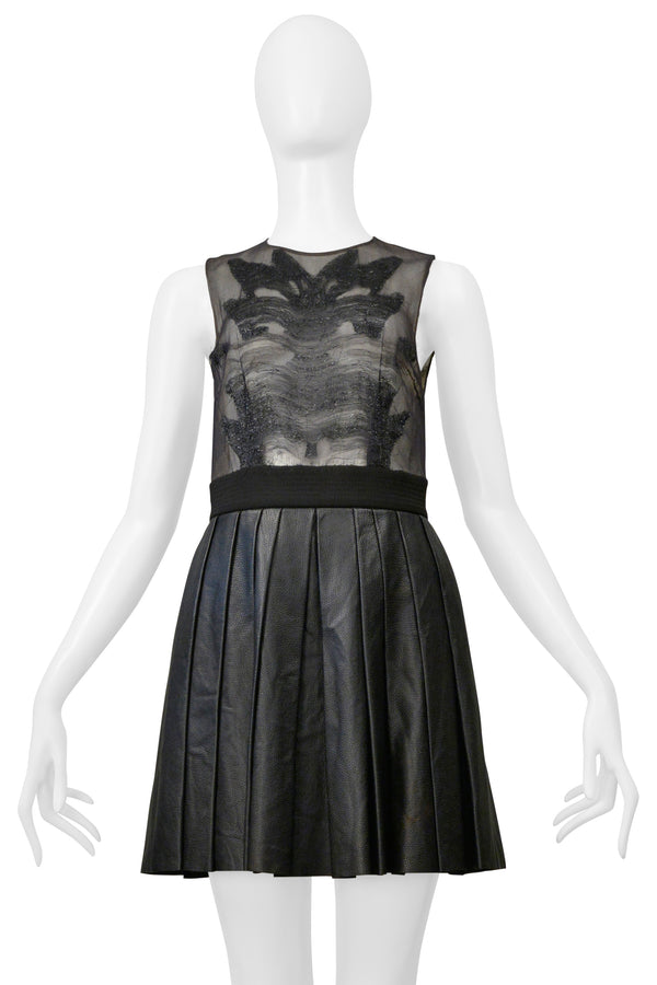 BYBLOS BLACK MINI DRESS WITH SHEER TOP & PLEATED LEATHER SKIRT