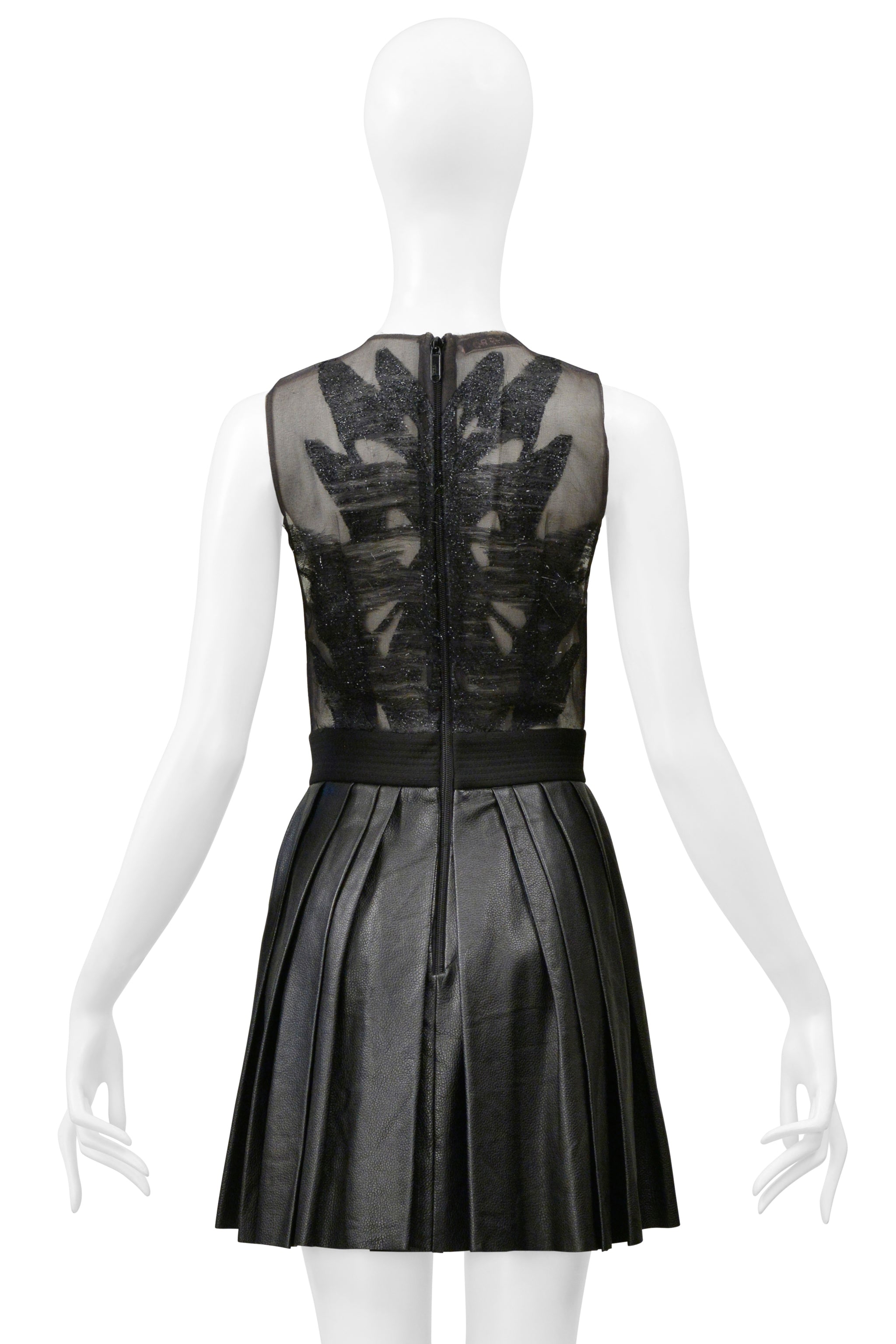 BYBLOS BLACK MINI DRESS WITH SHEER TOP & PLEATED LEATHER SKIRT