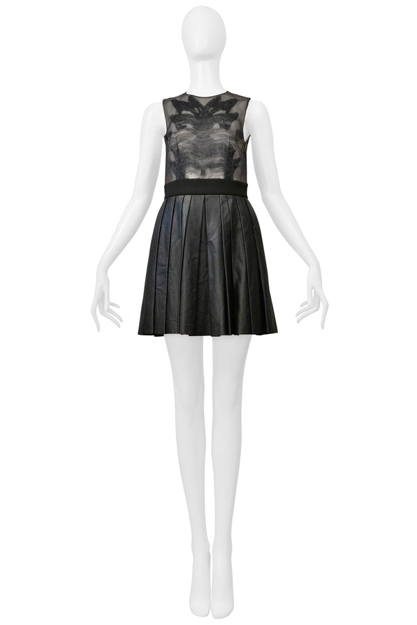 BYBLOS BLACK MINI DRESS WITH SHEER TOP & PLEATED LEATHER SKIRT