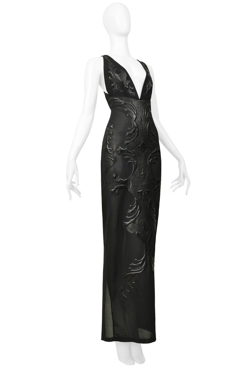 ROBERTO CAVALLI BLACK MESH & LEATHER APPLIQUE EVENING GOWN 2002