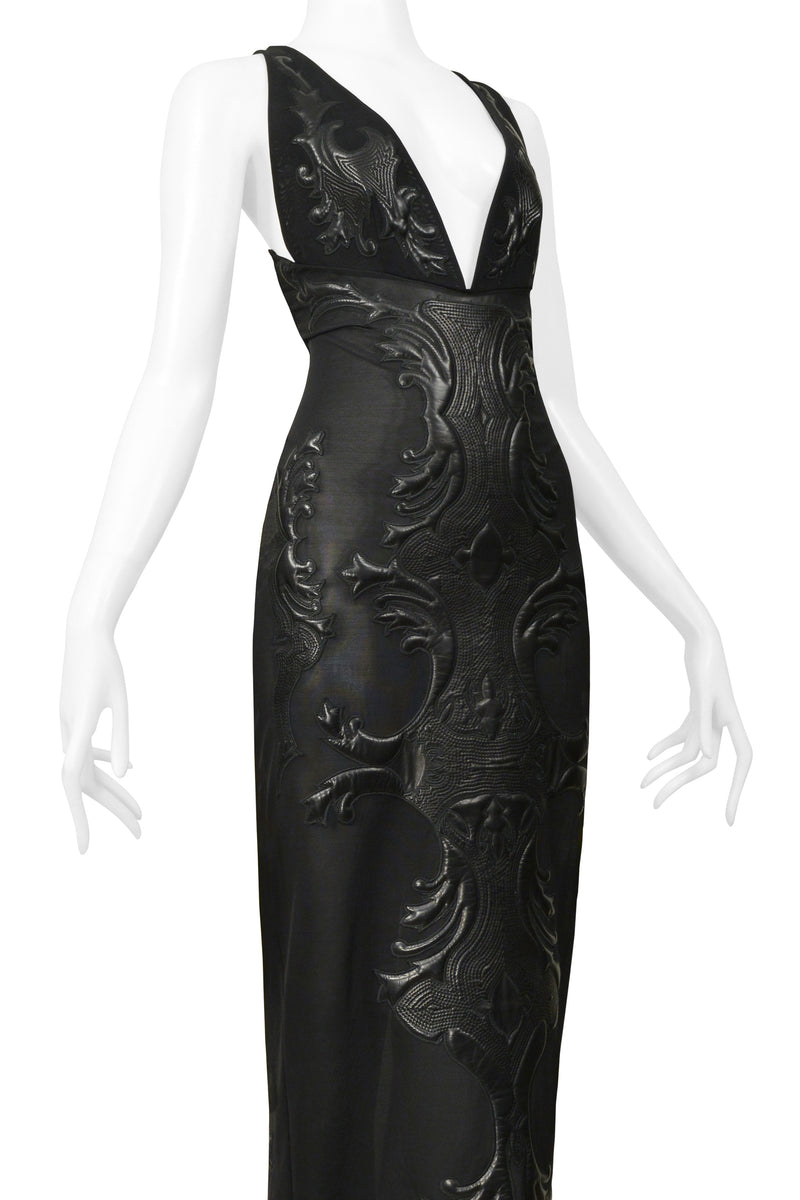 ROBERTO CAVALLI BLACK MESH & LEATHER APPLIQUE EVENING GOWN 2002