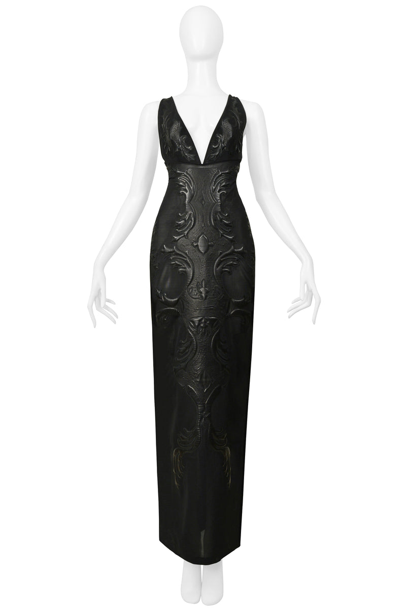 ROBERTO CAVALLI BLACK MESH & LEATHER APPLIQUE EVENING GOWN 2002