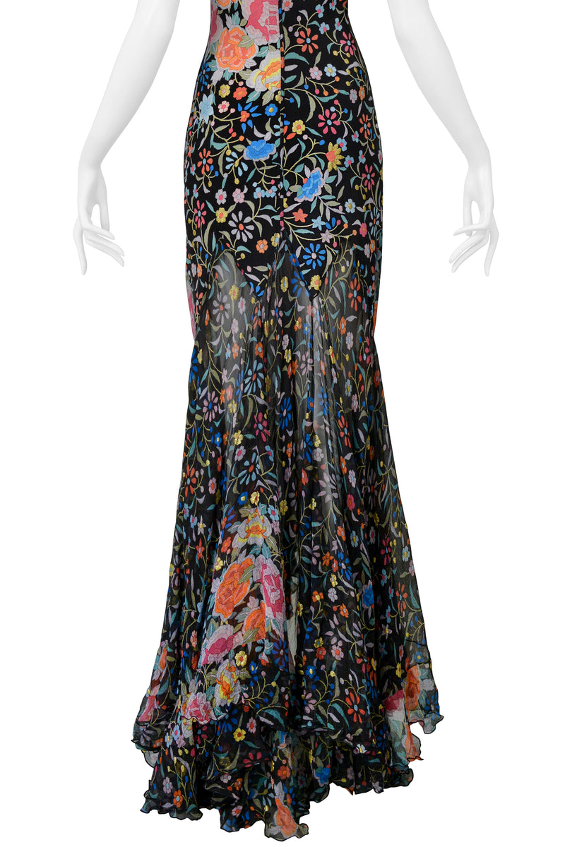 ROBERTO CAVALLI BLACK FLORAL EMBROIDERED PRINT SILK DRESS AW 2004