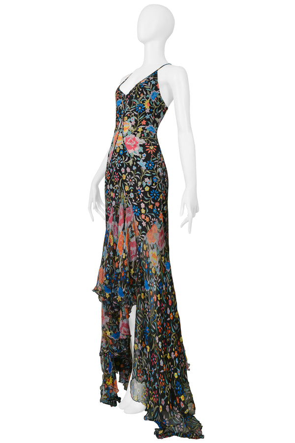 ROBERTO CAVALLI BLACK FLORAL EMBROIDERED PRINT SILK DRESS AW 2004